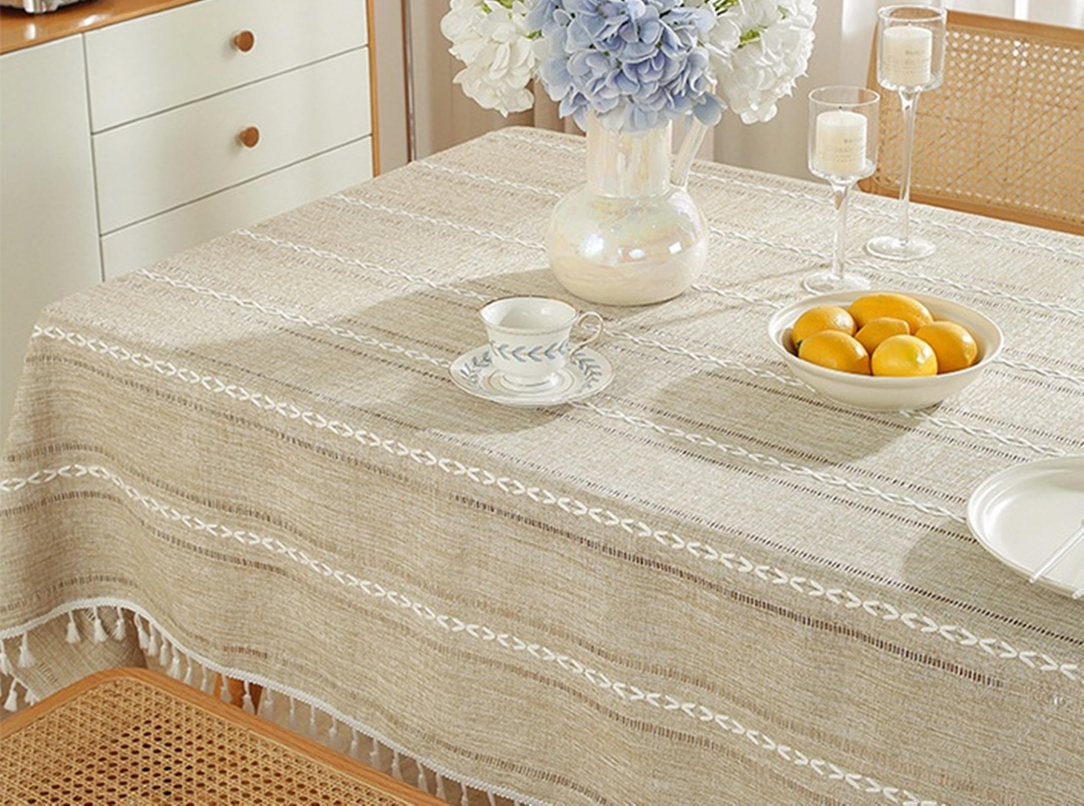 Nappe Table Rectangulaire 140x300 cm, Kaki Clair, Nappe Polyester Motif Rayures Brodées à Franges Style Japonais, Toile de Fond Décoration