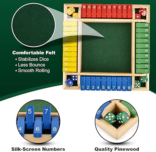 Miniatura 2 de Wooden Shut The Box - Juego de dados para interiores - Ideal para 2 a 4 jugadores - Gran juego familiar - Diseño colorido - Fieltro cómodo - Juego