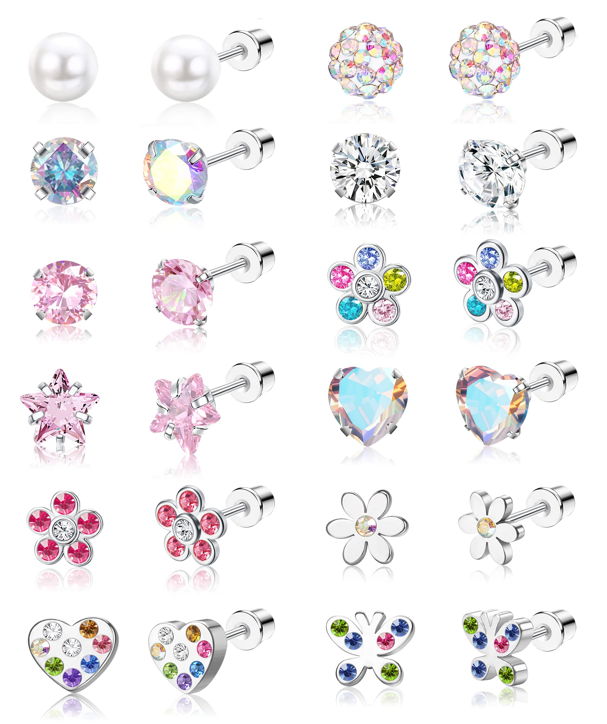 JeweBella 12Pares Pequenos Pendientes para Mujeres Niñas Acero Quirúrgico Hipoalergénicos Pendientes con Diseño de Mariposa Flor Corazón Circón Multicolor Juego de Pendientes