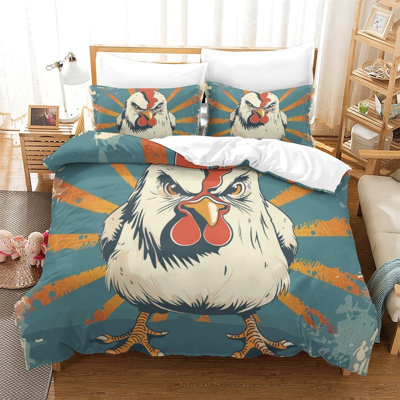 Housse de couette coq literie enfants zippée grand lit 260x220 en microfibre