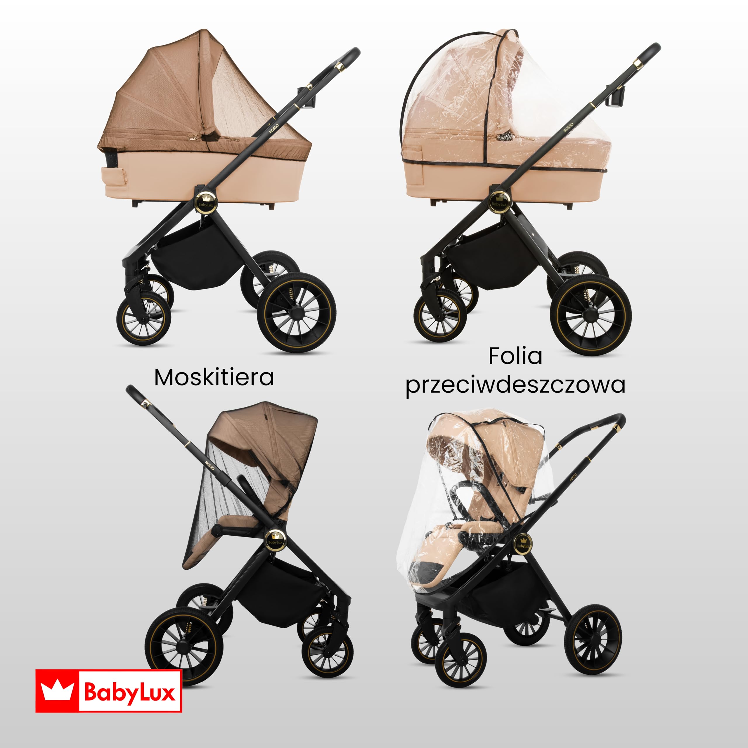 BabyLux Wielofunkcyjny Wózek Dziecięcy 3w1 ROSSO Gondola, Spacerówka, Fotelik Samochodowy z Akcesoriami, Lekki i Kompaktowy, Składana Aluminiowa Konstrukcja Stelaża, Regulowane oparcie, Żelowe Koła