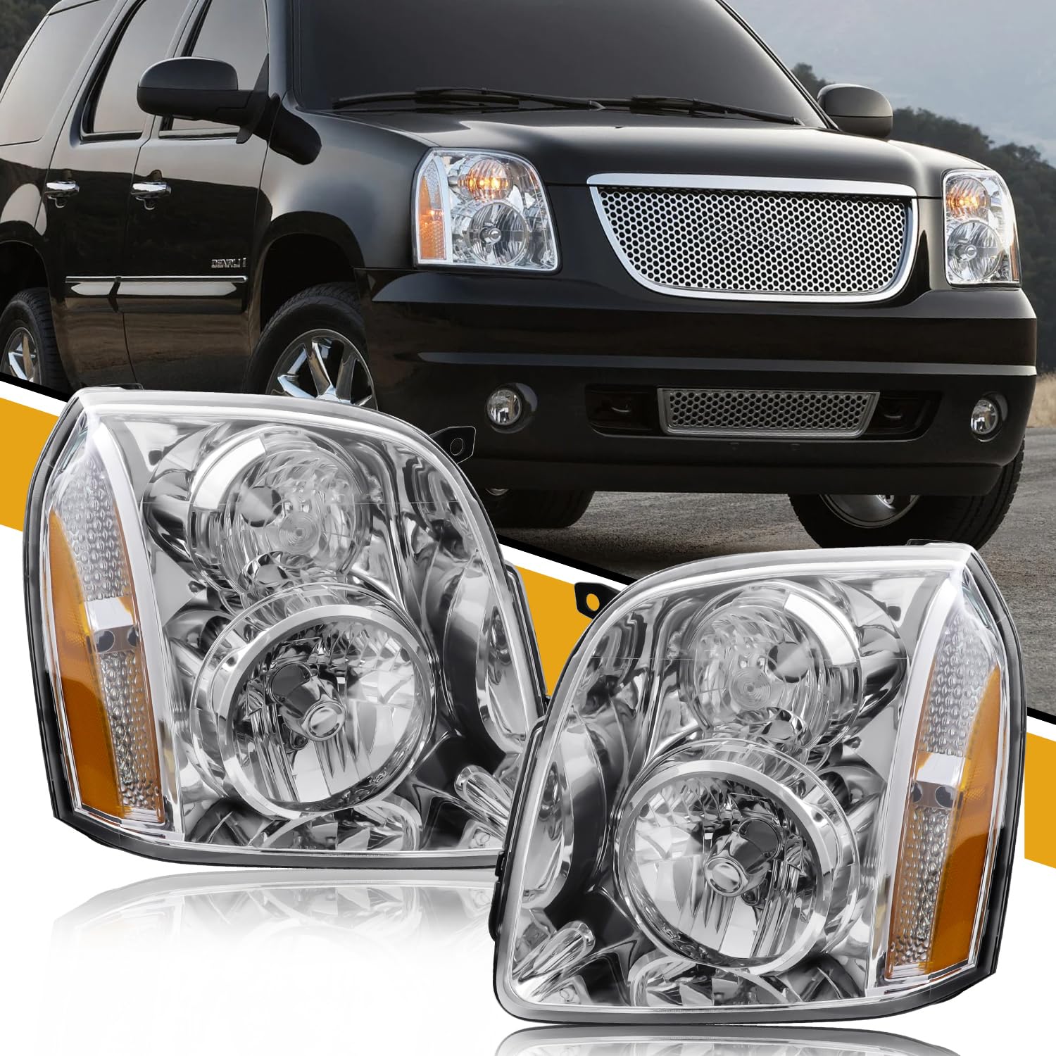 Headlight Assembly Pair Compatible with GMC Yukon XL 1500 2500 [Denali Style] SUV 2007-2014, Halogen Head Lamp Replaces 20969896 20969897, w/o bulb, Chrome+Amber, Pair, Left+Right