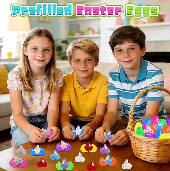 Easter Eggs Fillers with Bunny Plush 12Pack, Prefilled Easter Eggs Toys, Easter Basket Stuffers for Kids Teens Boys Girls, Classroom Treasure Box, Party Favors for Egg Hunt