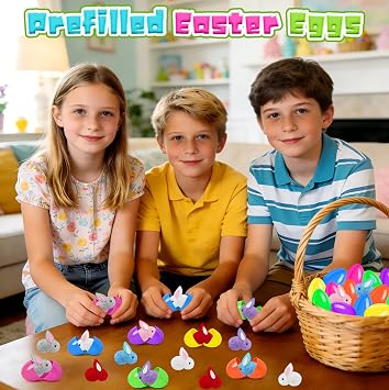 Easter Eggs Fillers with Bunny Plush 12Pack, Prefilled Easter Eggs Toys, Easter Basket Stuffers for Kids Teens Boys Girls, Classroom Treasure Box, Party Favors for Egg Hunt