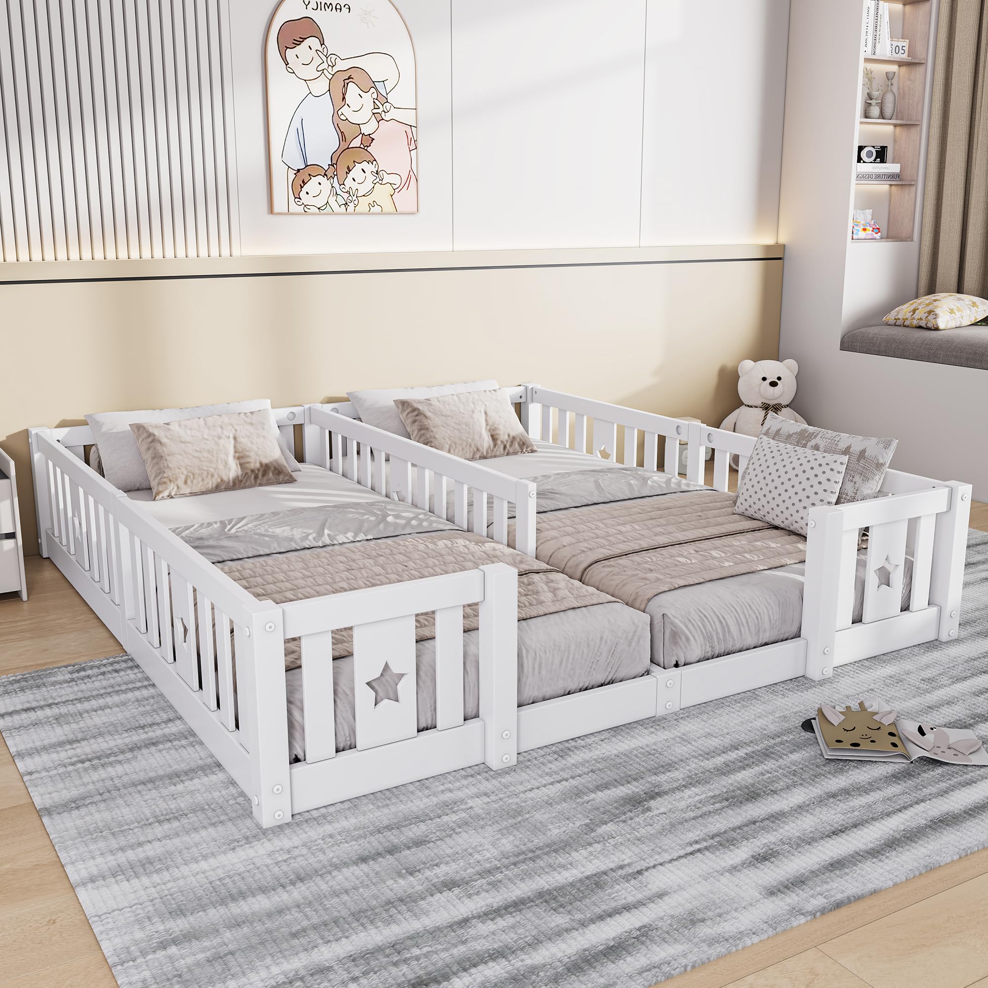 Kinderbett Bodenbett 180x200 cm, Montessori Bett mit Rausfallschutz, Massivholz Gitterbett, Babybett Kinder Jugendbett Doppelbett für Jungen & Mädchen, niedrige Einstiegshöhe (Ohne Lattenrost) (Weiß)