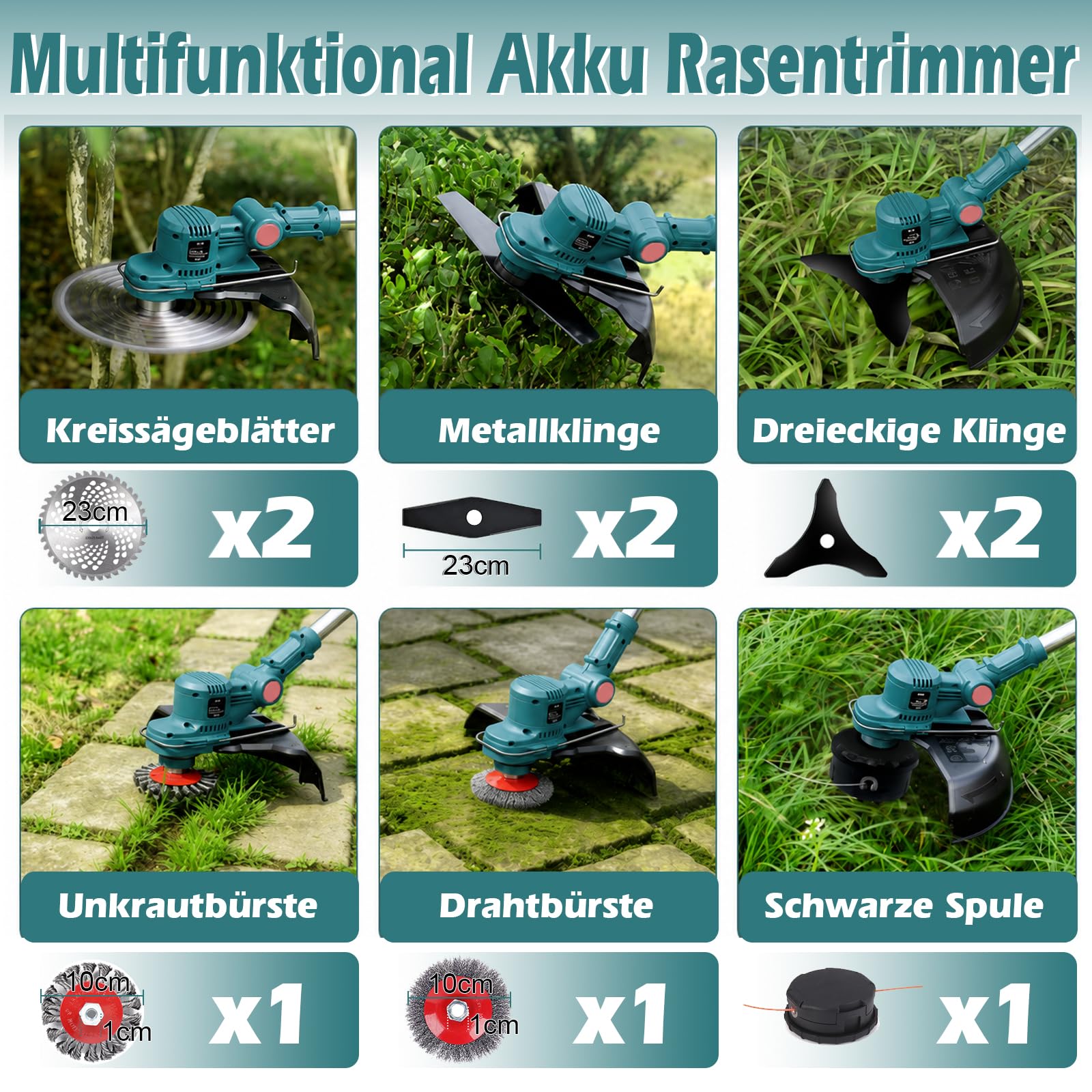 21V Rasentrimmer mit Akku, Akku Rasentrimmer für Makita-Akkus | 6-in-1 akku Freischneider, Rasentrimmer mit Unkrautbürste, 2X4.0Ah Akku & Ladegerät, Brushless, für Garden Trimmen, Tiefblau