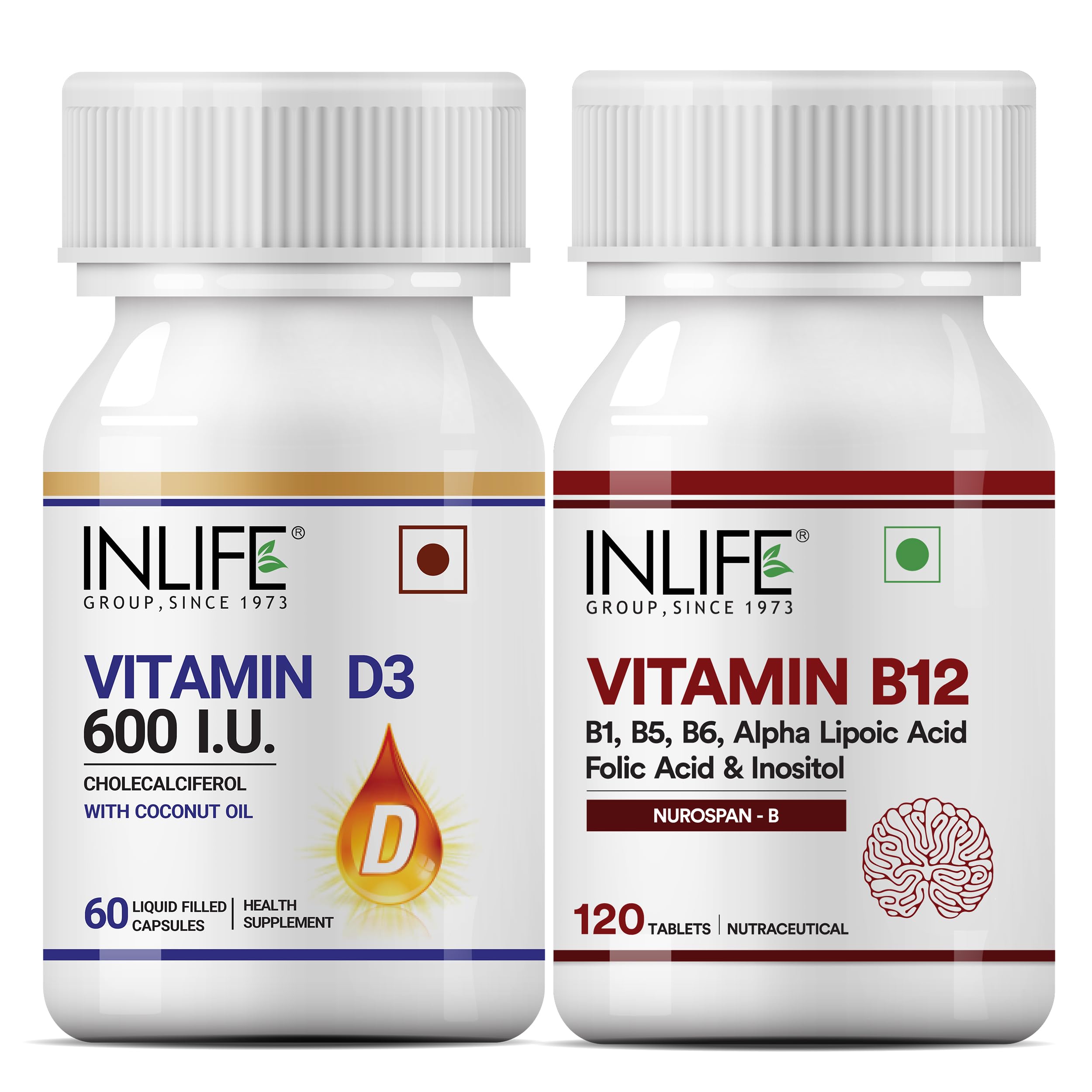 INLIFE Vitamin B12 and D3 Supplement with Alpha Lipoic Acid, Folic Acid, Inositol, B1, B5 & B6 and Supplements - 120 Tablets & 60 Capsules (Vit B12 & D3, Pack of 1) (B0B12B1457) Amazon Price History, Amazon Price Tracker