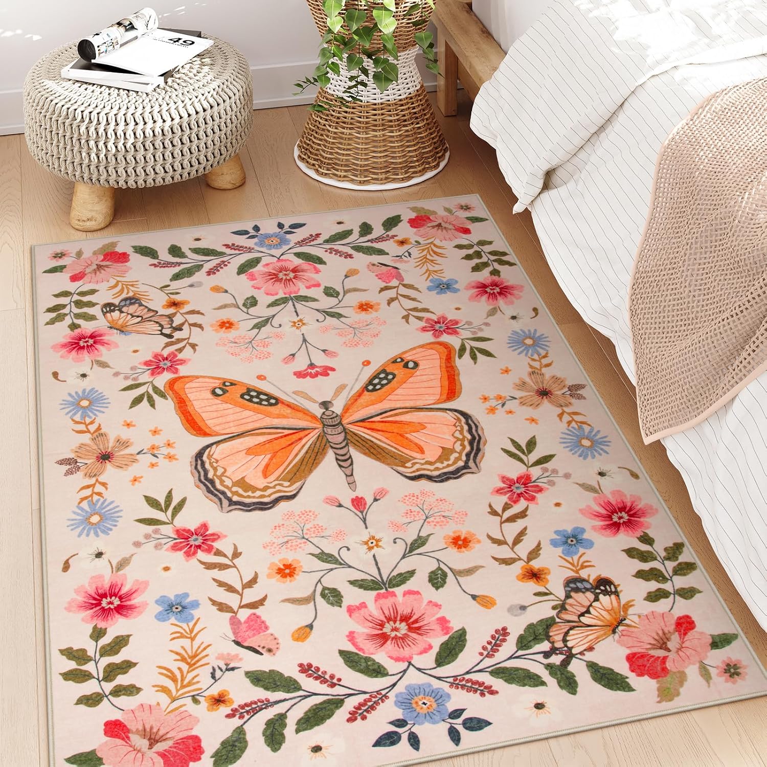 Beeiva Butterfly Girls Room Rug 3x5, Insect Washable Area Rug for Bedroom Dorm Non Slip Soft Floral Carpet for Kid Room, Boho Flower Carpet for Nursery Entryway Classroom Decor (Beige/Pink)