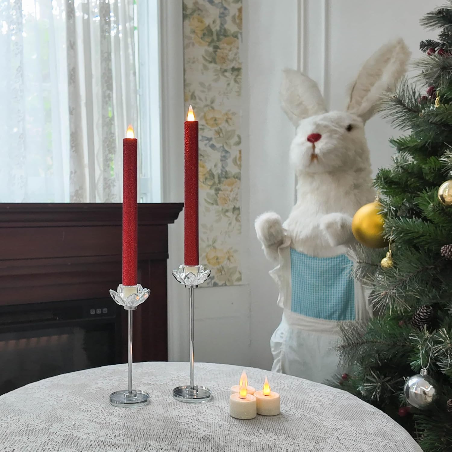 Flameless Candles Bundle - Set of 2 Pillar (3"x5" & 6") and 2 Taper (9") with Remote Timer, 3D Moving Flame in Glitter Red