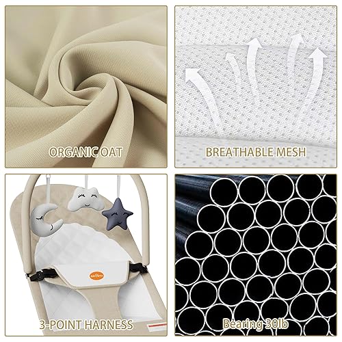 Miniatura 6 de Asiento portátil para bebés de 0 a 18 meses, 3 modos de uso con balancín y opciones estacionarias, silla ergonómica para bebés con juguetes