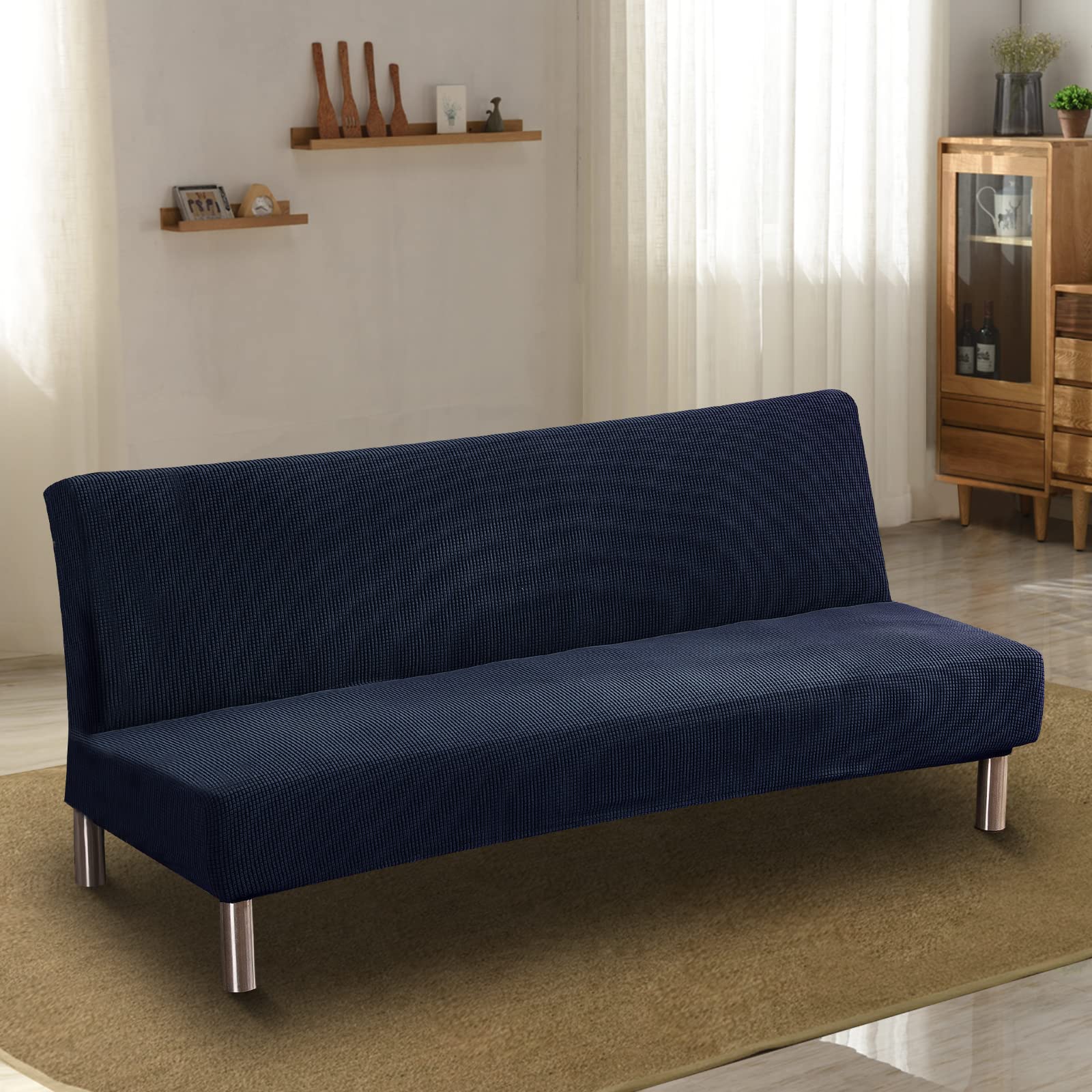 Lydevo Copridivano 3 Posti Senza Braccioli Elasticizzato Universale, Copridivano Letto Pieghevole Clic Clac Lavabile Rimovibile Estraibile, Fodera per Divano Futon per Soggiorno Casa,Jacquard Blu Navy