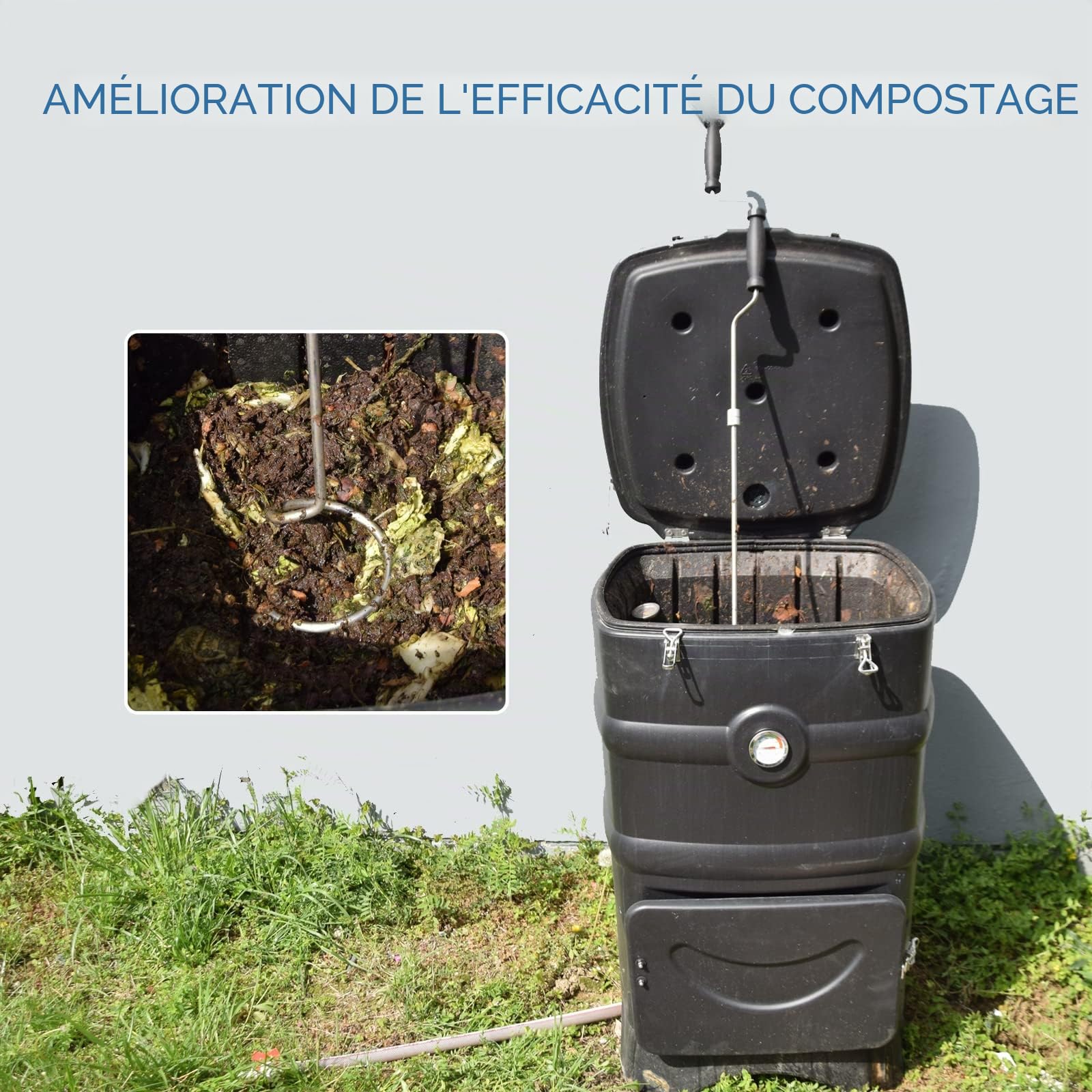 Pelle à compost avec manivelle de compost et outil de mélange pour conteneurs à compost extérieurs, aérateur manuel en acier inoxydable