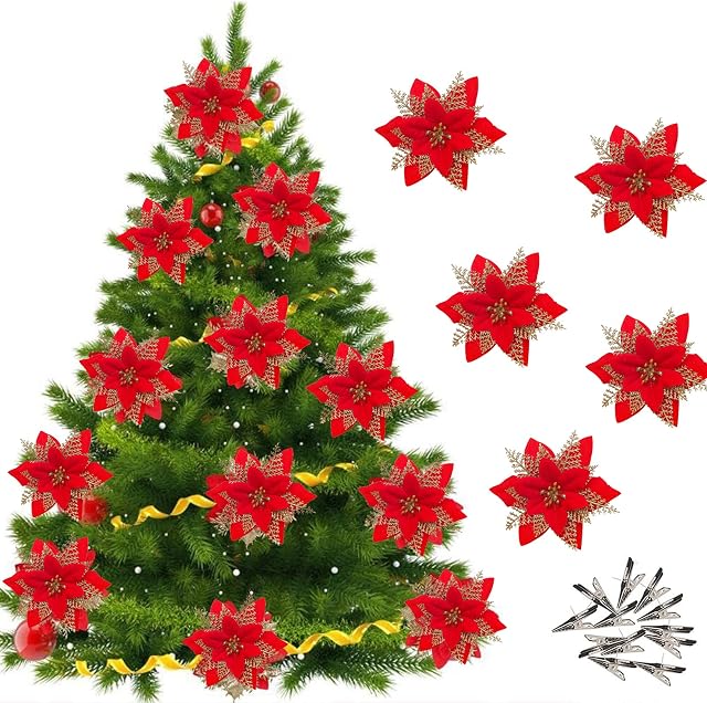 Leixi 12Pcs Christmas Poinsettia Flower Artificial Pointsettia with Clips Christmas Glitter Poinsettia Ornaments Christmas Tree Flower Decorations, DIY Xmas Wreath Holiday Party Decor (Red)