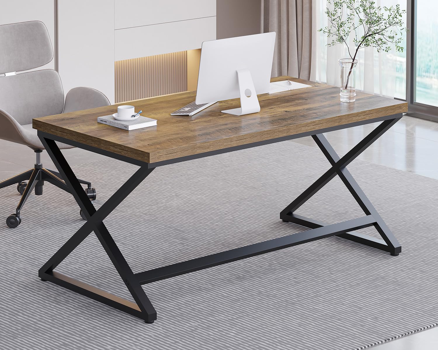 IBF Bureau D'Ordinateur Moderne Industriel Travail 152Cm Chêne Rustique