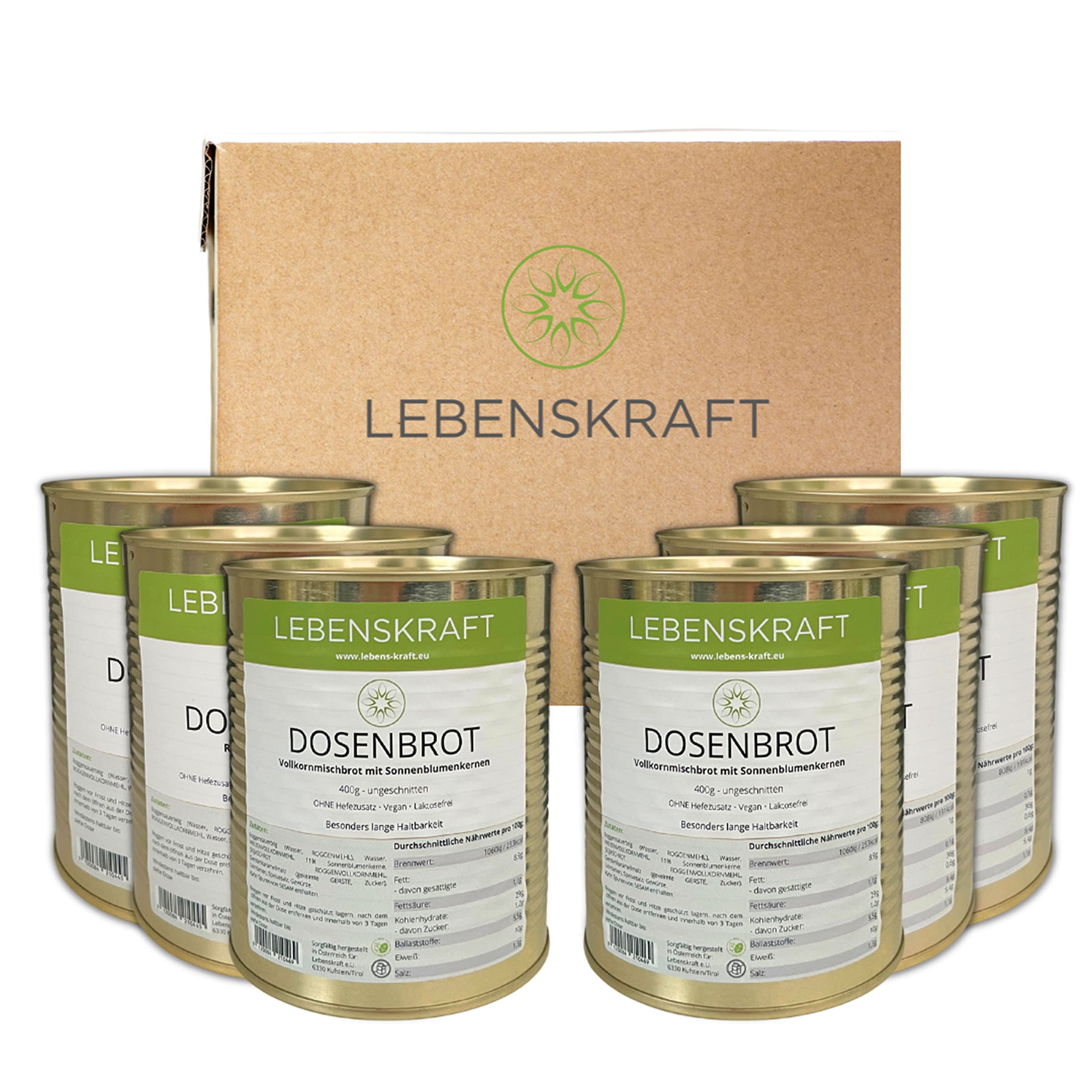 Lebenskraft Chleb w puszce, Finowie Körndl chleb pełnoziarnisty 6 x 400 g puszka, długi, trwały, bez drożdży, wegański, bez laktozy