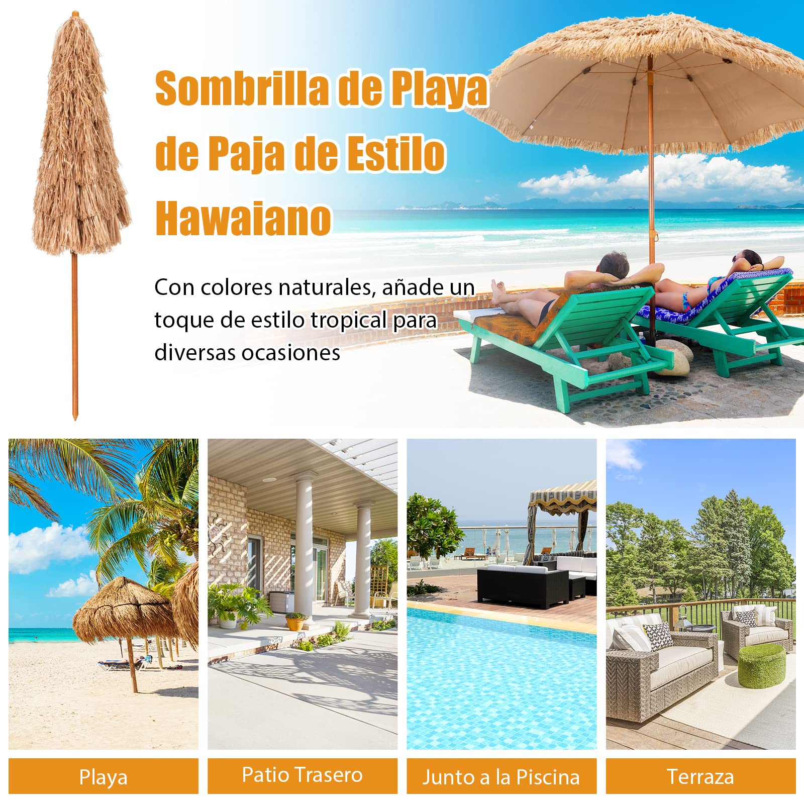 COSTWAY Sombrilla playa, Sombrilla Terraza Exterior con Apariencia de Paja y 8 Costillas, Sombrilla de Playa Inclinable y Plegable para Jardín, Parasol Exterior sin Base