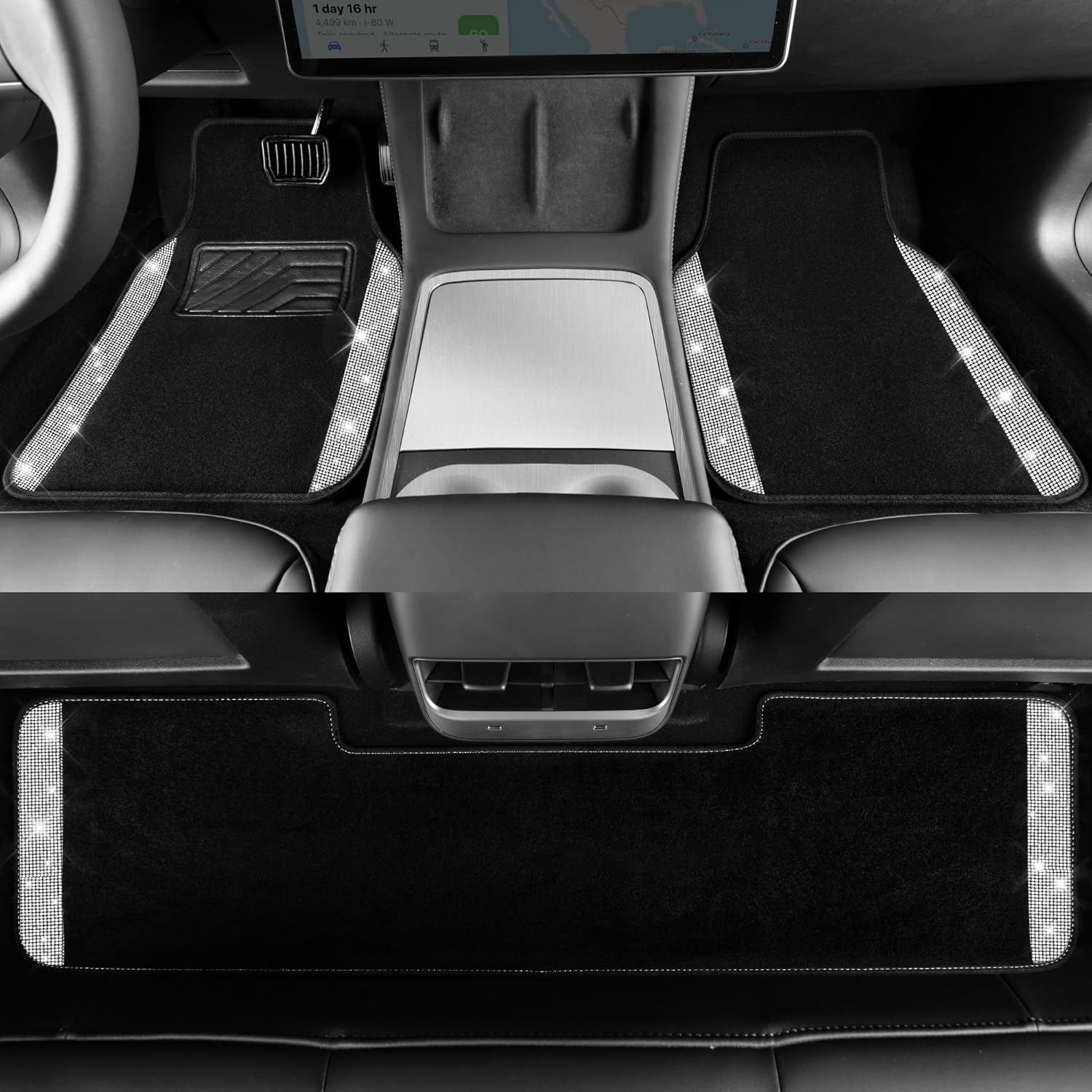 CAR PASS Bling Diamond Car Mats Shining Carpet Crystal Rhinestones Sparkly Glitter Floor Mats with Anti-Slip PVC Heel Pad Universal for Automotive SUV, Sedan, Van, 3pcs for Girl Women, Black Silver - Image 2