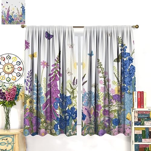 Miniatura 36 de Retro 70s Floral Blackout Window Curtains, Watercolor Flower Plant Rustic Modern Style Pattern Window Drapes, for Bedroom Living Room 42x45in 2
