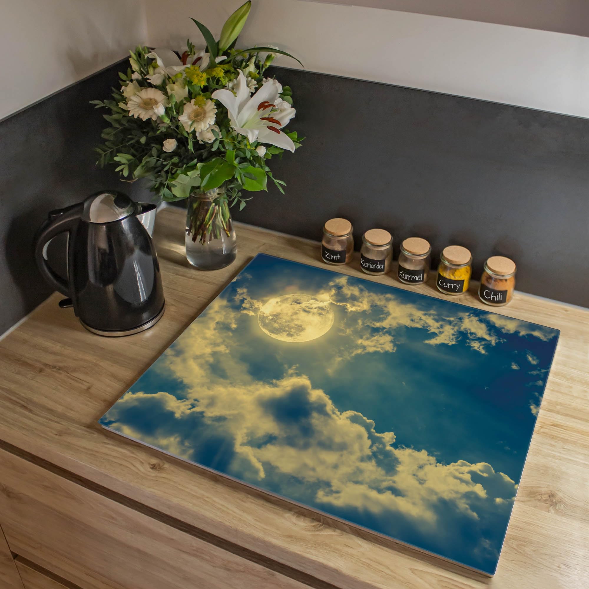 banjado Herdabdeckplatte Glas mit Natur und Wald Motiv ruhig mit Schneidebrett Funktion, 60x52 cm einteilig, gehärtetes Sicherheitsglas, Ceranfeld Abdeckung als Spritzschutz, mit Motiv Vollmond 2