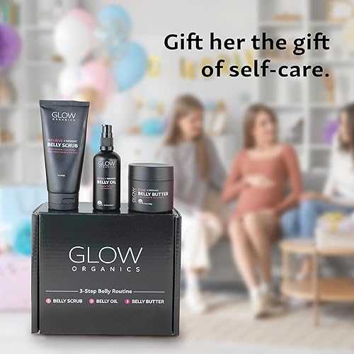 Miniatura 6 de Glow Organics Caja de embarazo, rutina de 3 pasos, kit con exfoliante para el vientre, aceite y mantequilla para estrías, orgánico, cuidado de la