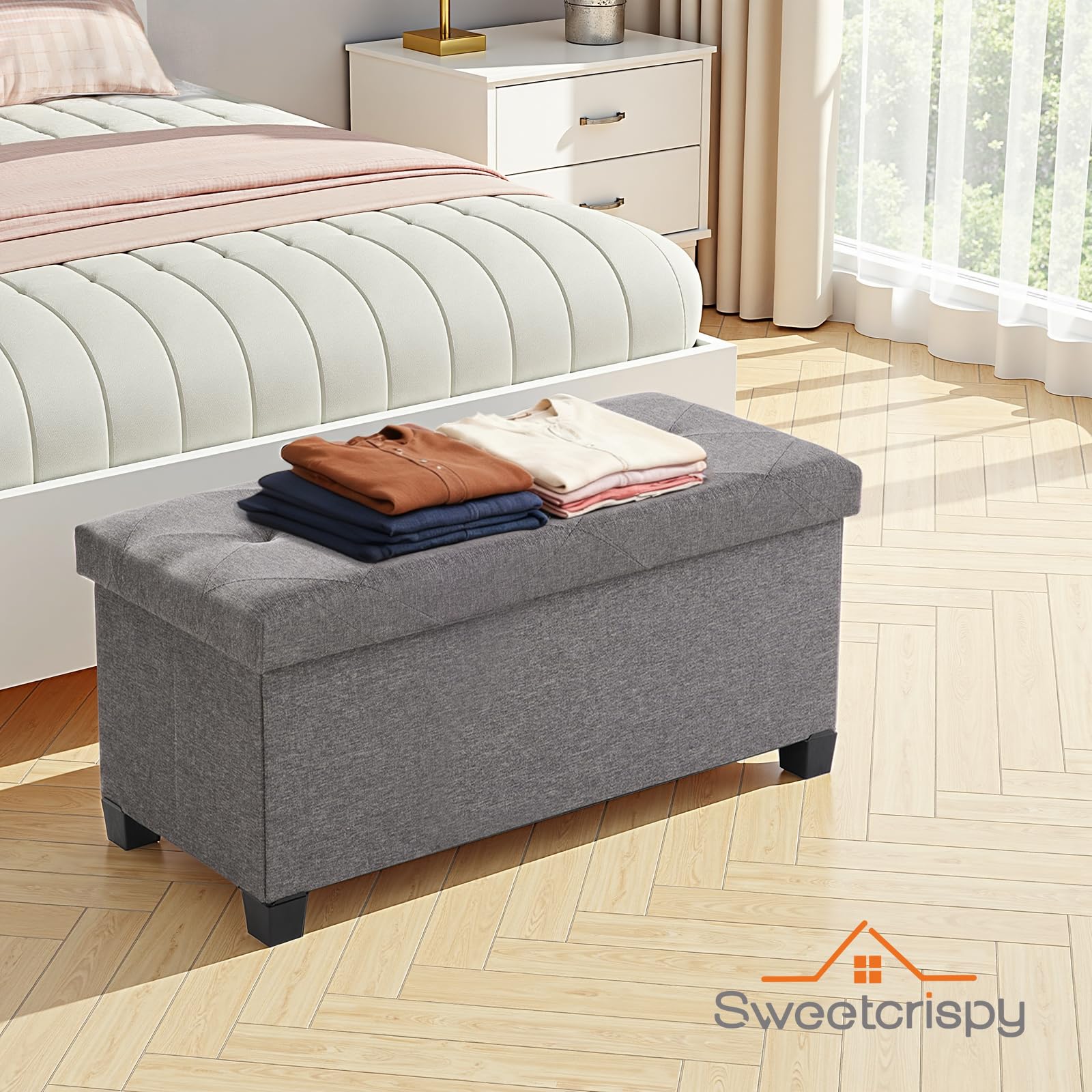Sweetcrispy Banco con Espacio de Almacenamiento, Banco con Patas, 76 x 38 x 38 cm, Plegable, Caja de Almacenamiento con Tapa, soporta hasta 300 kg, para salón, Dormitorio, Pasillo, Gris Oscuro