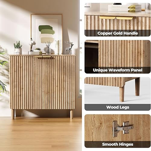 Miniatura 5 de Aparador de buffet con almacenamiento, armarios de madera con estantes ajustables, puertas acanaladas, mesa consola antipunta para cocina, comedor,