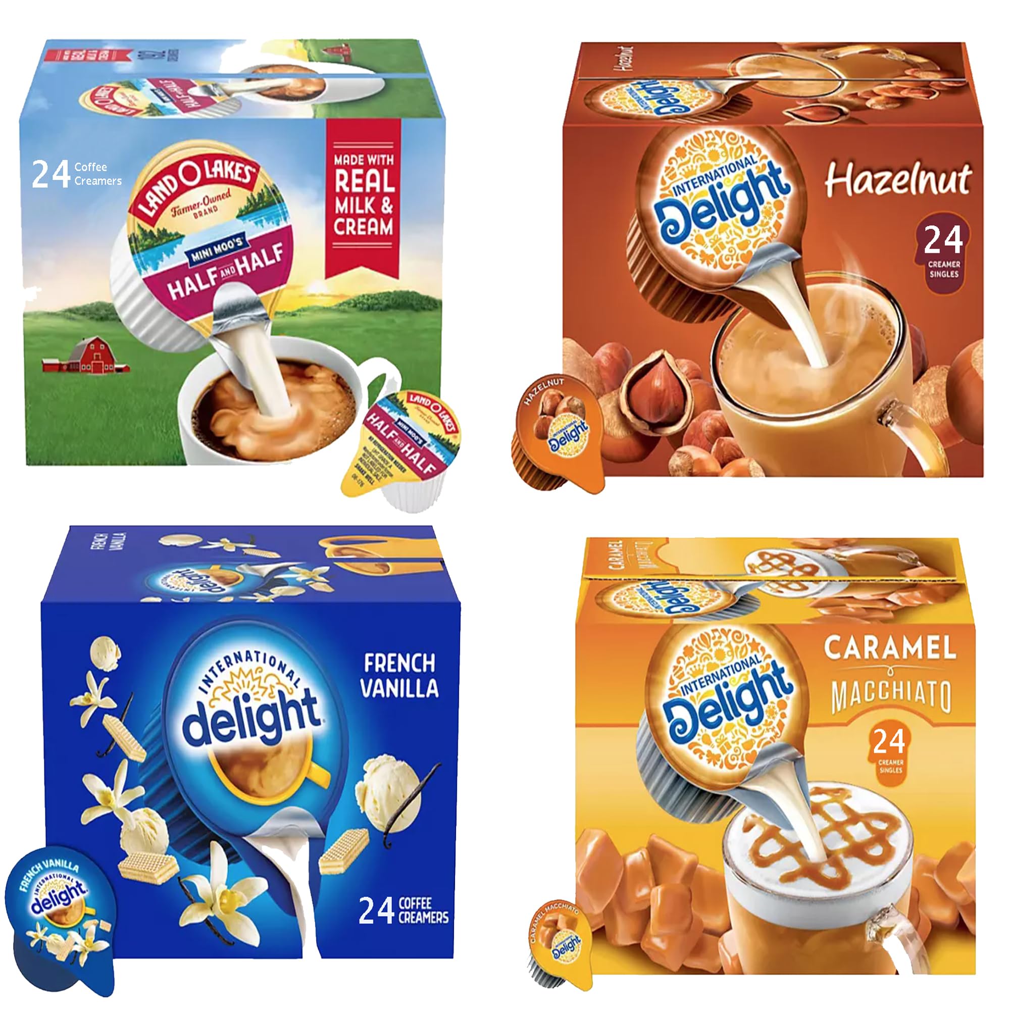 SOUTHERN BASICS Premium Coffee Creamers Liquid Creamer Singles Variety Pack, Caramel Macchiato, French Vanilla, Half-Half & Hazelnut - No Refrigeration - Box Of 96