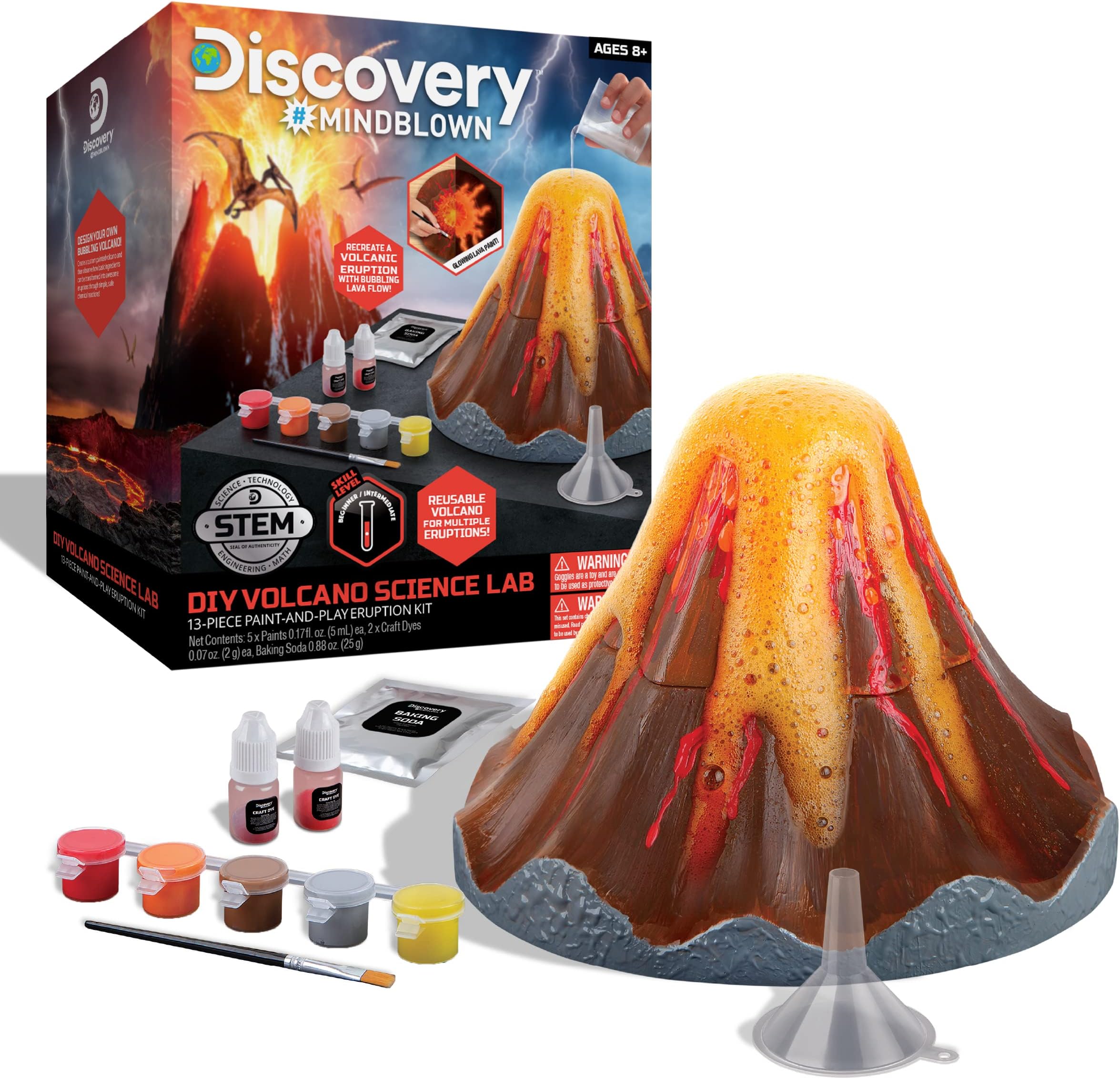 Discovery #Mindblown DIY Volcano Science Lab, Reusable Volcano Kit, Glow-in-The-Dark Lava Paint, Science at Home, 13-Piece, Age 8+