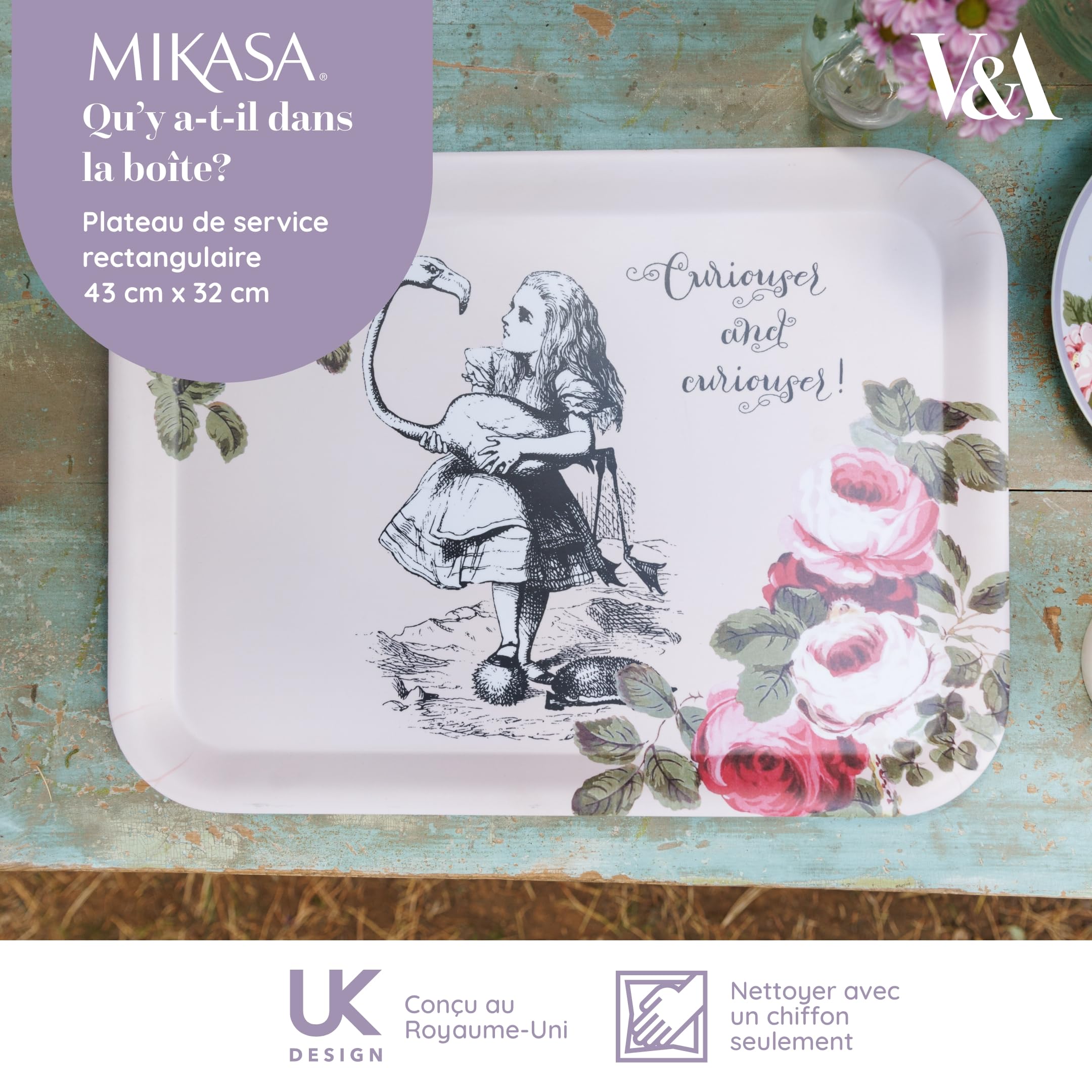 Mikasa et le V et à Plateau de Service, Large Plateau en Mélamine pour les Boissons et le Thé de l'Après-Midi, Collection Alice au Pays des Merveilles, 43 cm X 32 cm, Impeccable pour Offrir