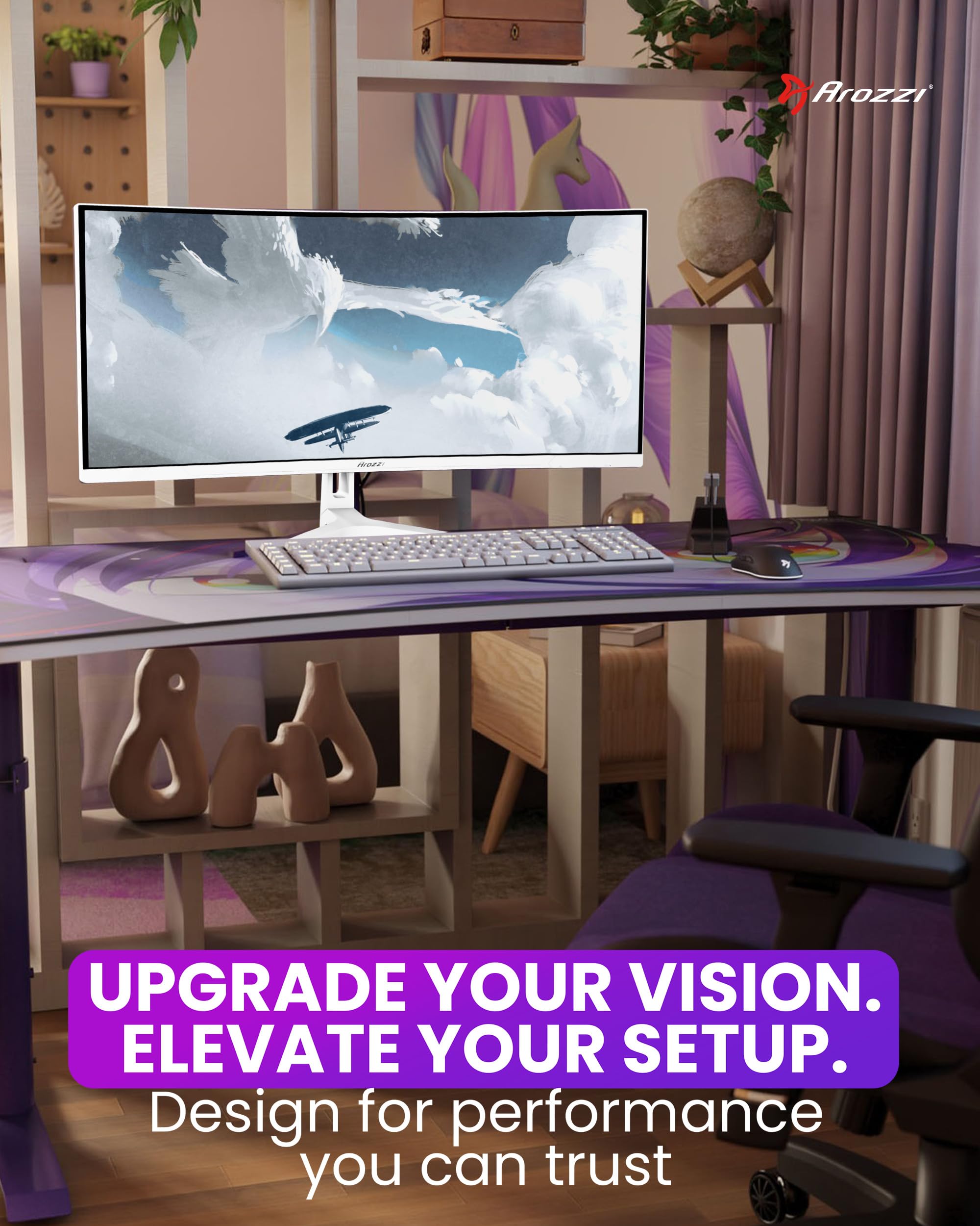 Arozzi Nova 34" zakrzywiony monitor do gier VA UWQHD 3440 × 1440, 165 Hz, 1 ms, FreeSync, HDR, Ultra Panoramiczny, Wbudowane głośniki - Biały