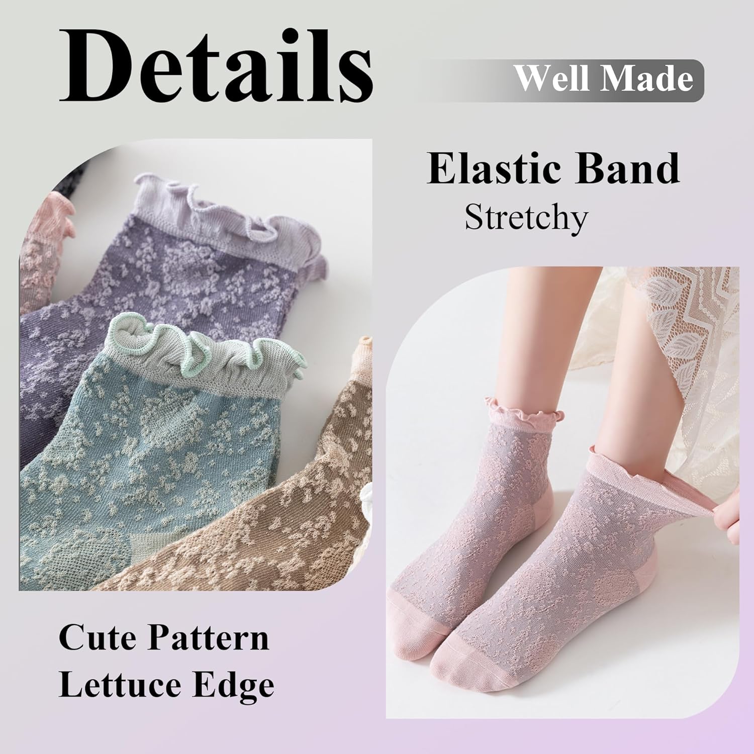 Women's Ankle Socks,Ruffle Cuff,Cute Vintage Patterned,Casual Dress Sock,Princess Lettuce Floral Socks 6Pack - Image 7