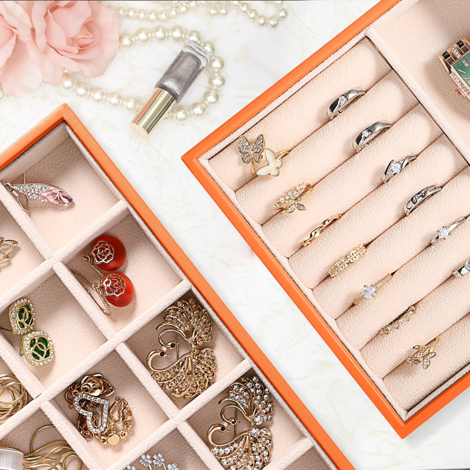 LANDICI Stackable Jewelry Organizer Trays 4 Set,PU Leather Jewelry Organizer Drawer,Jewelry Storage Display Tray for Earring Necklace Rings Bracelet with Removable Dividers,Orange - Image 3