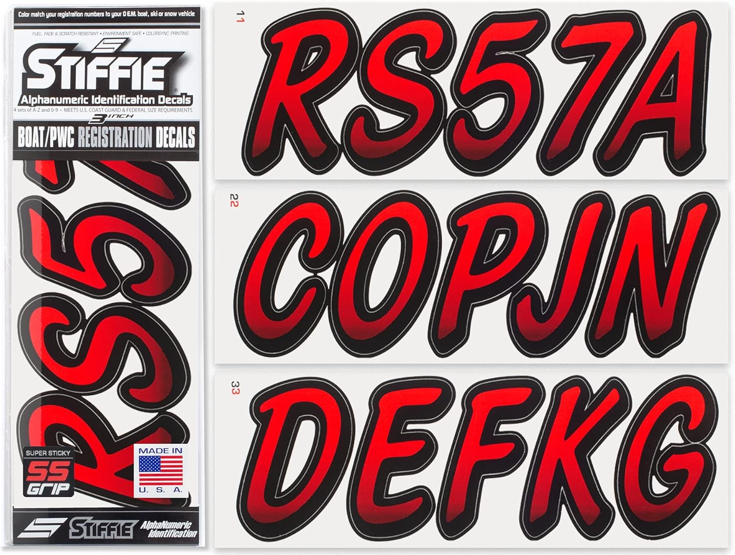STIFFIE Whipline Red/Black 3" Super Sticky Boat & PWC Registration Decals • Numbers Letters Stickers