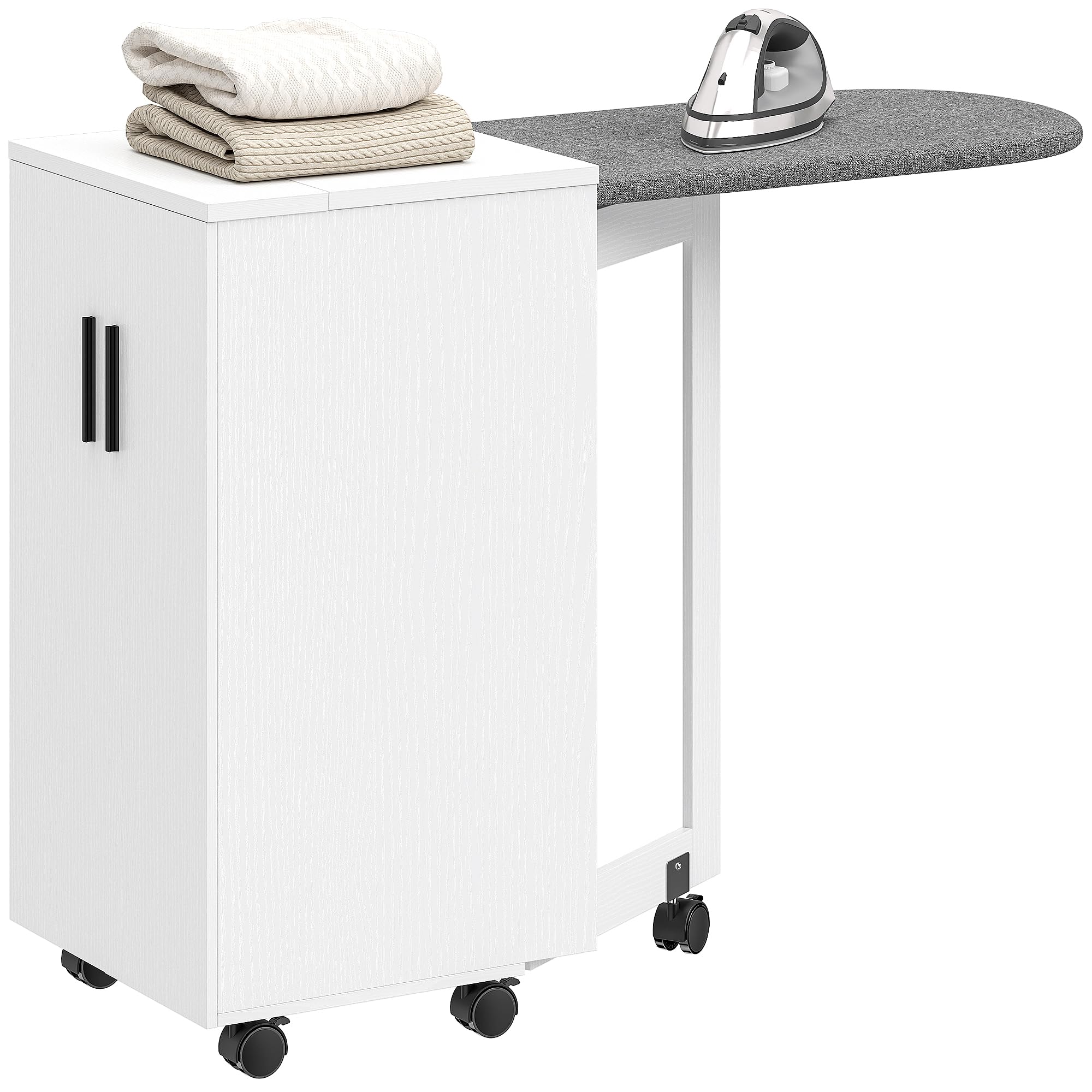 HOMCOM Meuble à Repasser 2 en 1, Table à Repasser Pliante sur roulettes avec étagère réglable et charnières à Fermeture Douce, Meuble Rangement pour Petits espaces, buanderie, 128 x 43 x 83 cm, Blanc