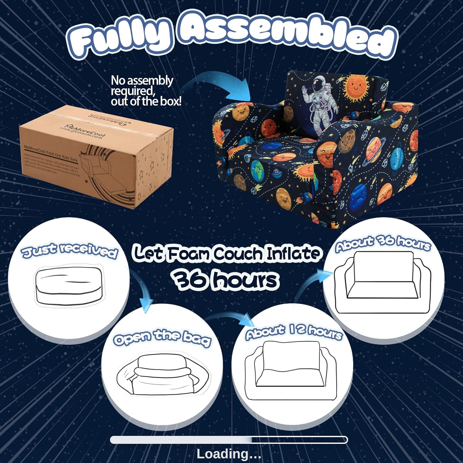 MeMoreCool Folding Kids Couch – 2-in-1 Toddler Sofa Bed & Lounge Chair | Astronaut Print | Fold-Out Design | Washable Cover | Ages 1–3 - Image 7