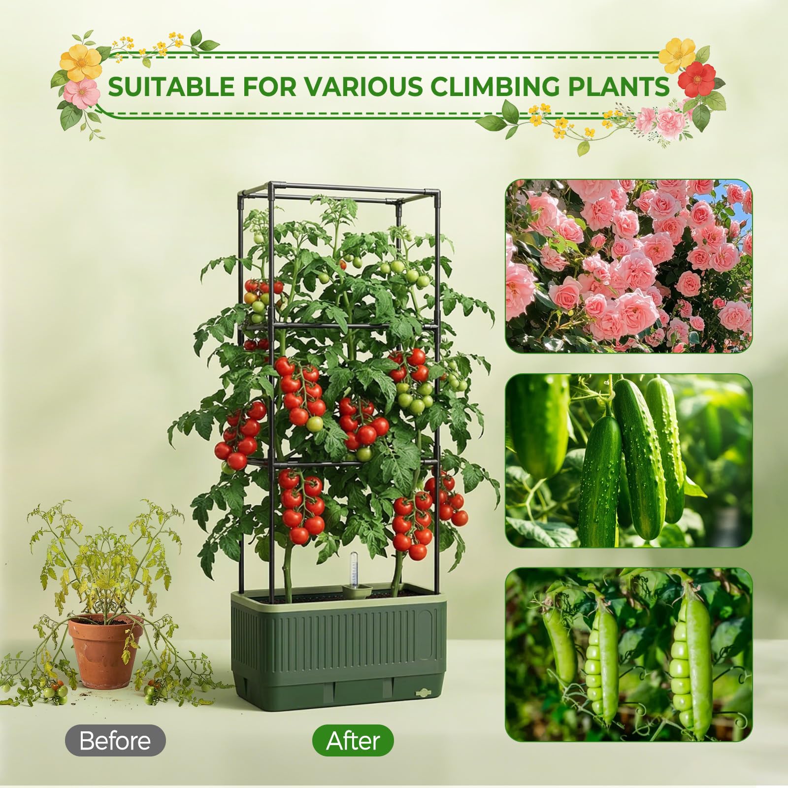 MQUPIN 2 pezzi Fioriera rialzata da giardino con traliccio,fioriera a gabbia per pomodori, aiuolarialzata con traliccio, per rampicanti, verdure piante, auto-irrigante