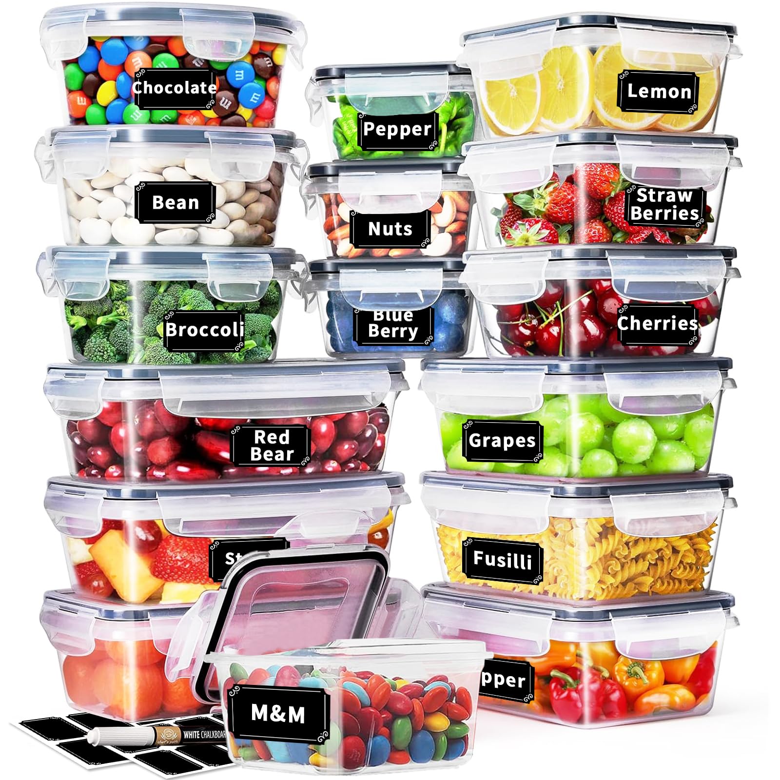 16 Piece Airtight Food Storage Containers Set with Easy Snap Lids, Transparent Fridge Organiser & Kitchen Organisation, Stackable Pantry Canisters for Meal Prep, Dry Food Storage, and Leftovers
