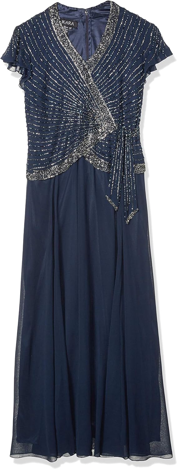 J Kara Womens Petite Faux Wrap Long Dress W/Flutter SleeveSpecial Occasion Dress