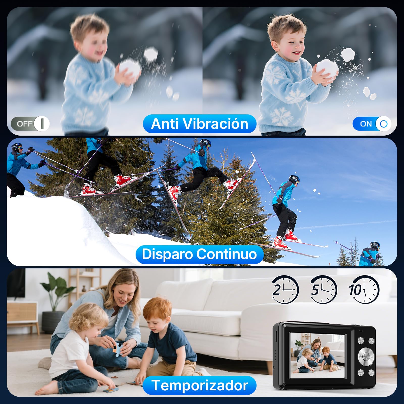 Cámara Digital Compacta Cámara de Fotos Digital 44MP 1080P con Pantalla IPS de 2,4”, Zoom Digital 16X, Antivibración, Tarjeta 32GB, 2 Baterías para Adolescentes Niños, Niñas Negro