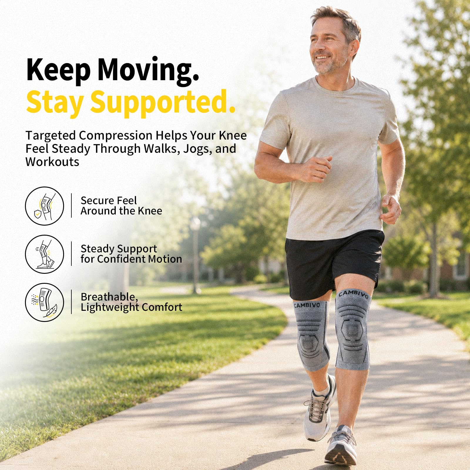 CAMBIVO Kniebandage Männer Damen 2 Stück, Komprimierte Bandage Knie, Knee Support mit Seitenstabilisatoren zur Linderung von Knieschmerzen, Arthrose Knie, Meniskus und Kraftsport