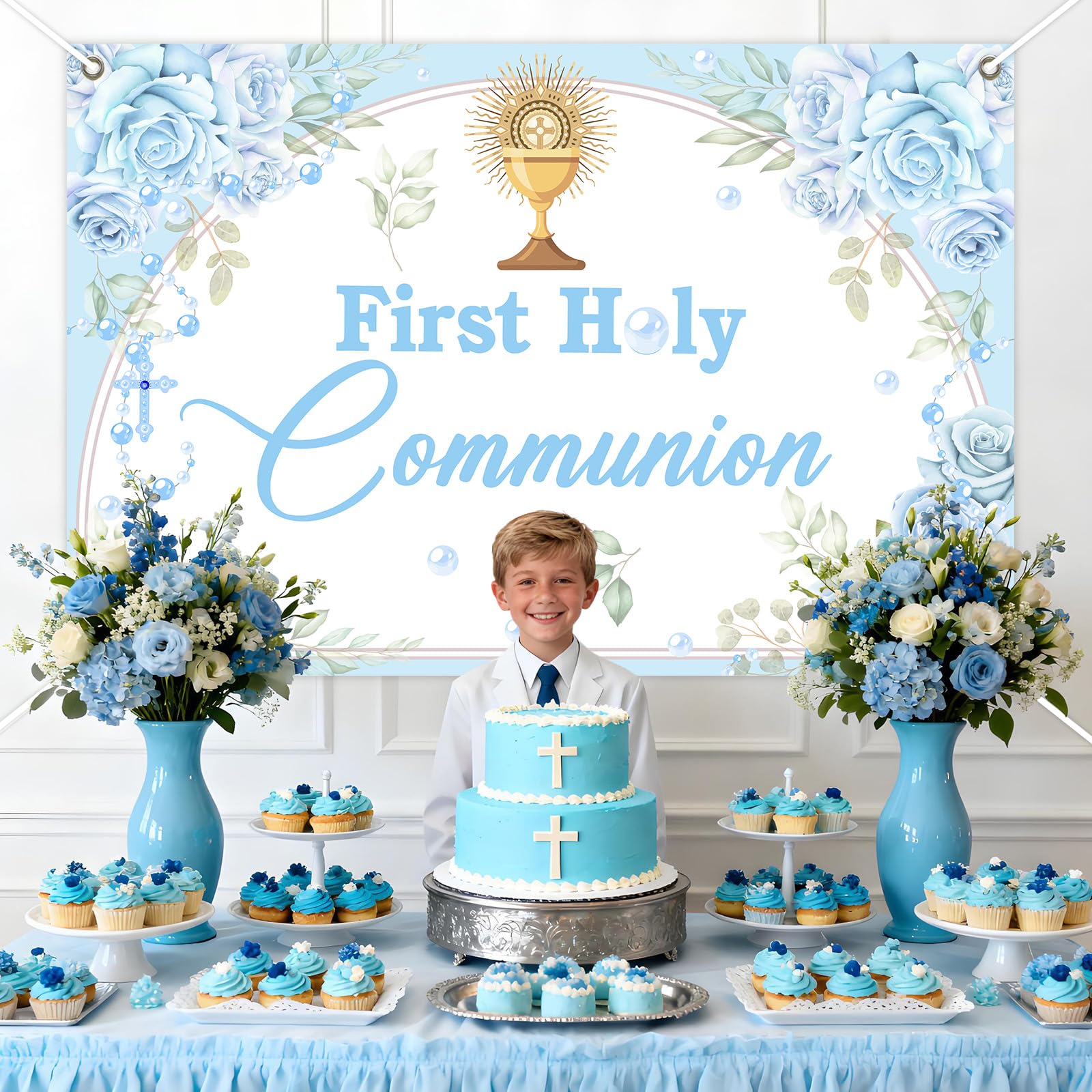 Jollyboom First Holy Communion Decorations for Boys, Blue Flowers Communion Backdrop Banner for Confirmation Baptism Christening Day Photoshoot Background 3 x 5 Ft - Image 3