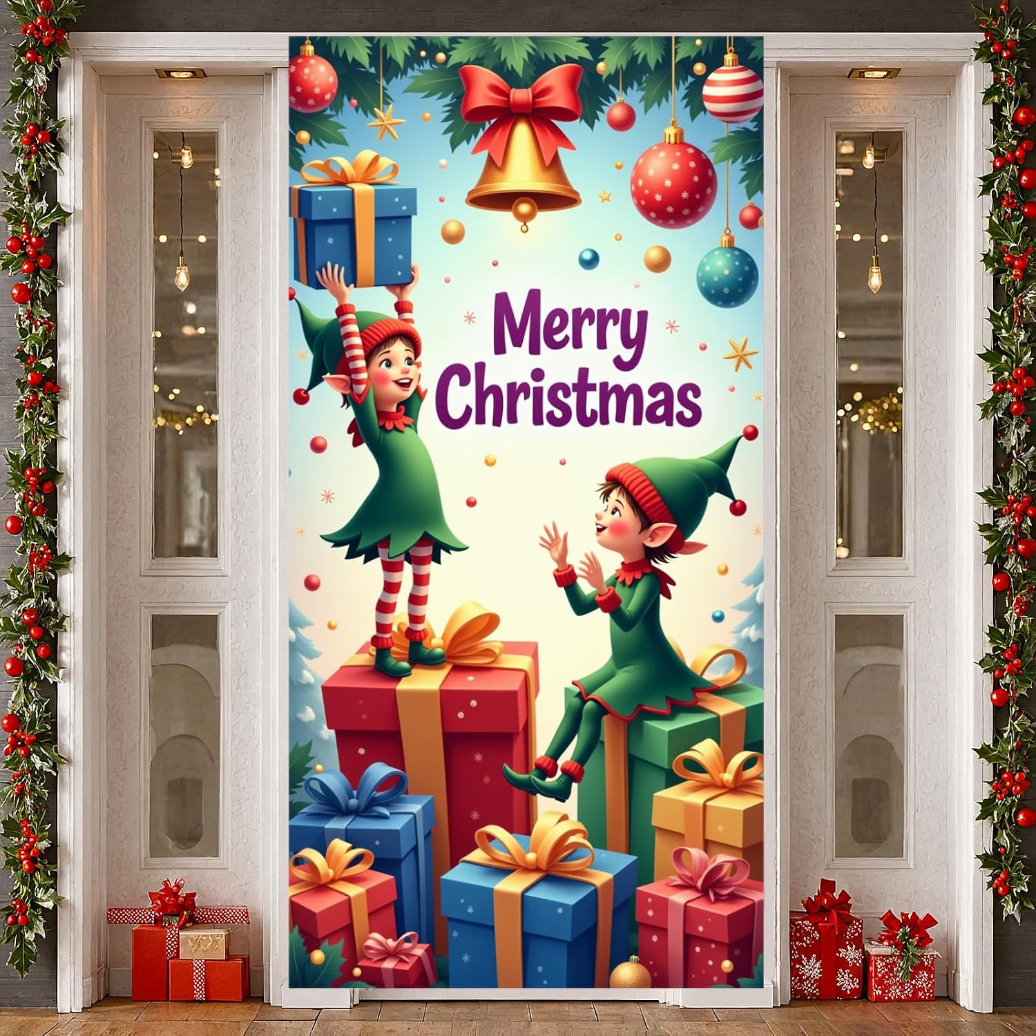 Elf Christmas Door Cover Funny Christmas Elves Hanging Banner Large Elf Xmas Front Door Decorations Backdrop Xmas Porch Decor Banner Photo Background for Winter Indoor Outdoor Holiday Party Supplies image 5