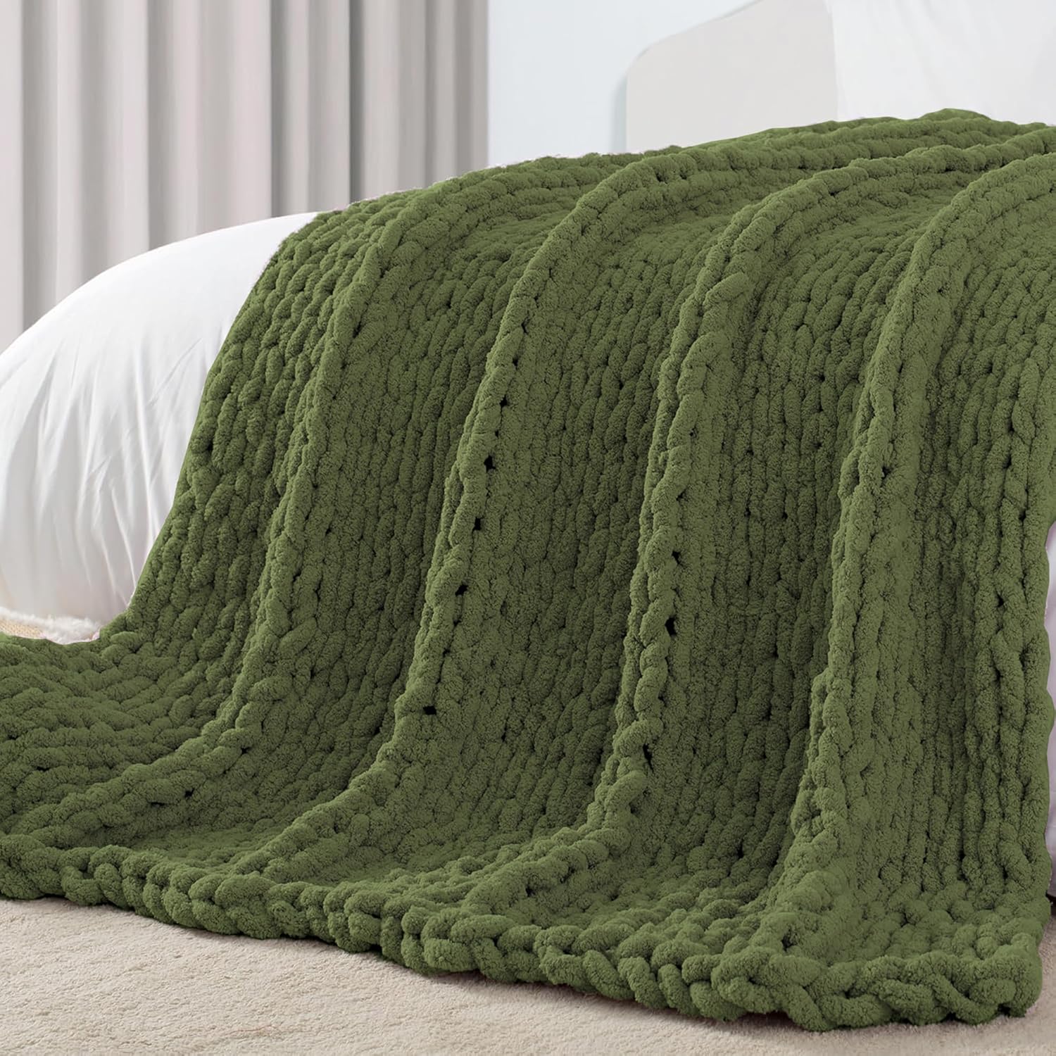 carriediosa chunky knit throw blanket 60" x 80" twin, 100% hand made large chenille loop yarn soft fluffy throws for couch sofa bed, big crochet cozy heavy thick cable woven blankets, olive green olive green 60" x 80"
