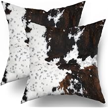 Western Cowhide Accent Throw Pillow Covers 16X16 in Set of 2 Farm Animal Faux Fur Decorative Pillow Cases White Brown Cow Spots Print Pillow Cover Rustic Home Decor for Living Room Sofa Couch