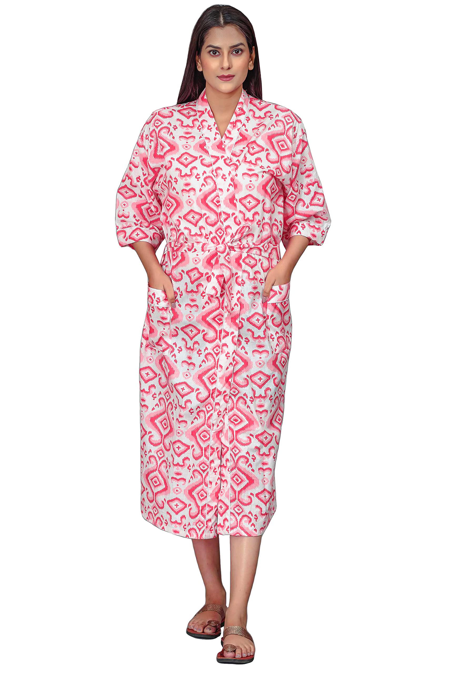 Evail Eye Hand Block Printed Kimono Red Dress Long Length Cotton Kimonos Robe Bathwear Clouth Dress For Her-image-38