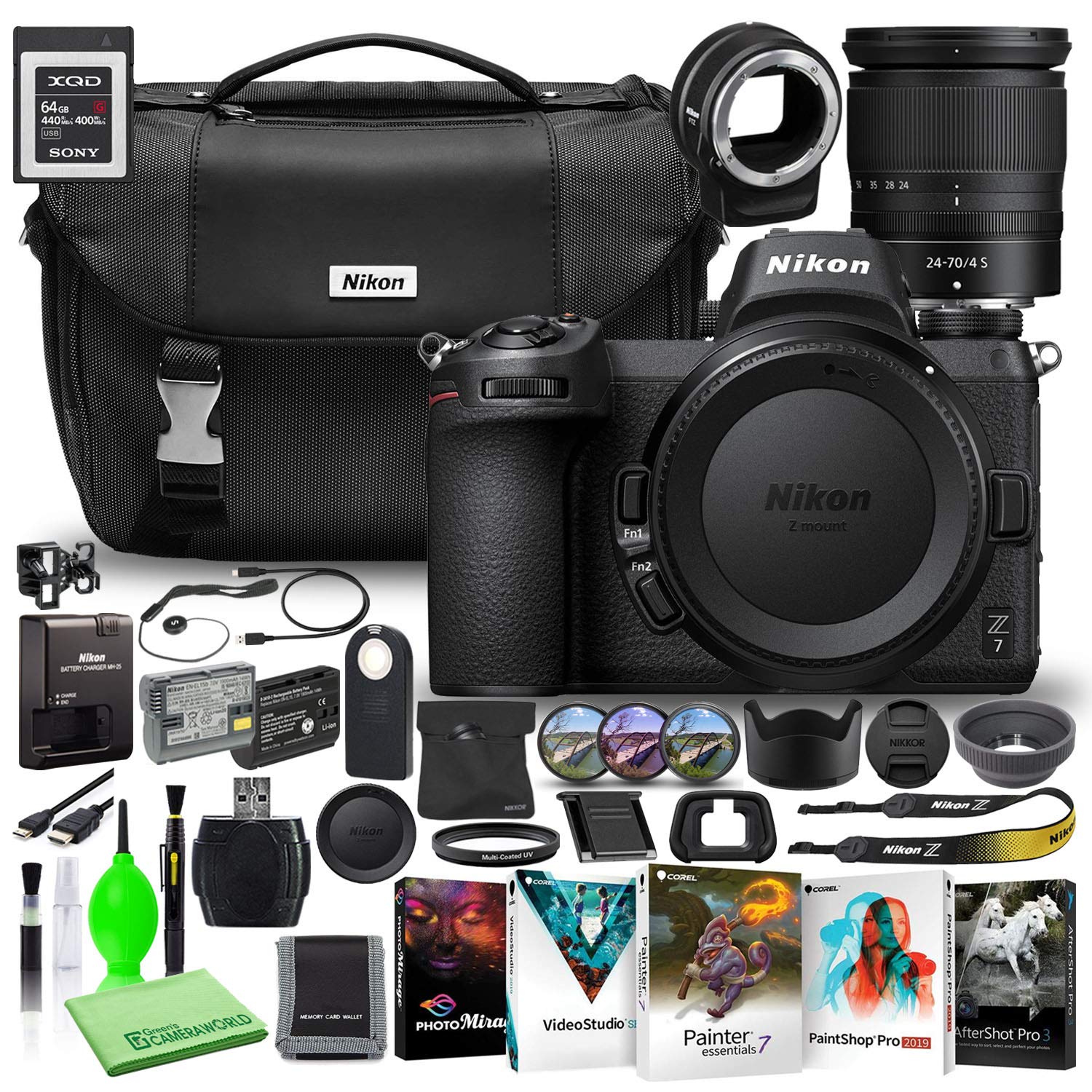Nikon Z7 45.7MP Mirrorless Digital Camera with 24-70mm Lens (1594) USA Model Deluxe Bundle with Sony 64GB XQD Memory Card + Nikon FTZ Adapter + Nikon Camera Bag + Corel Editing Software + Filter Kit
