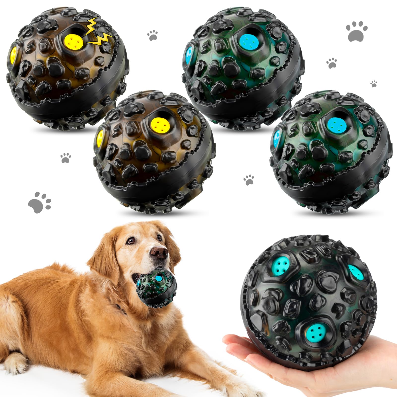 Honoson Lot de 4 balles à mâcher agressives pour chien – Jouet interactif indestructible avec rire qui couine – Jouet à mâcher en caoutchouc élastique pour chiens de petite, moyenne et grande taille