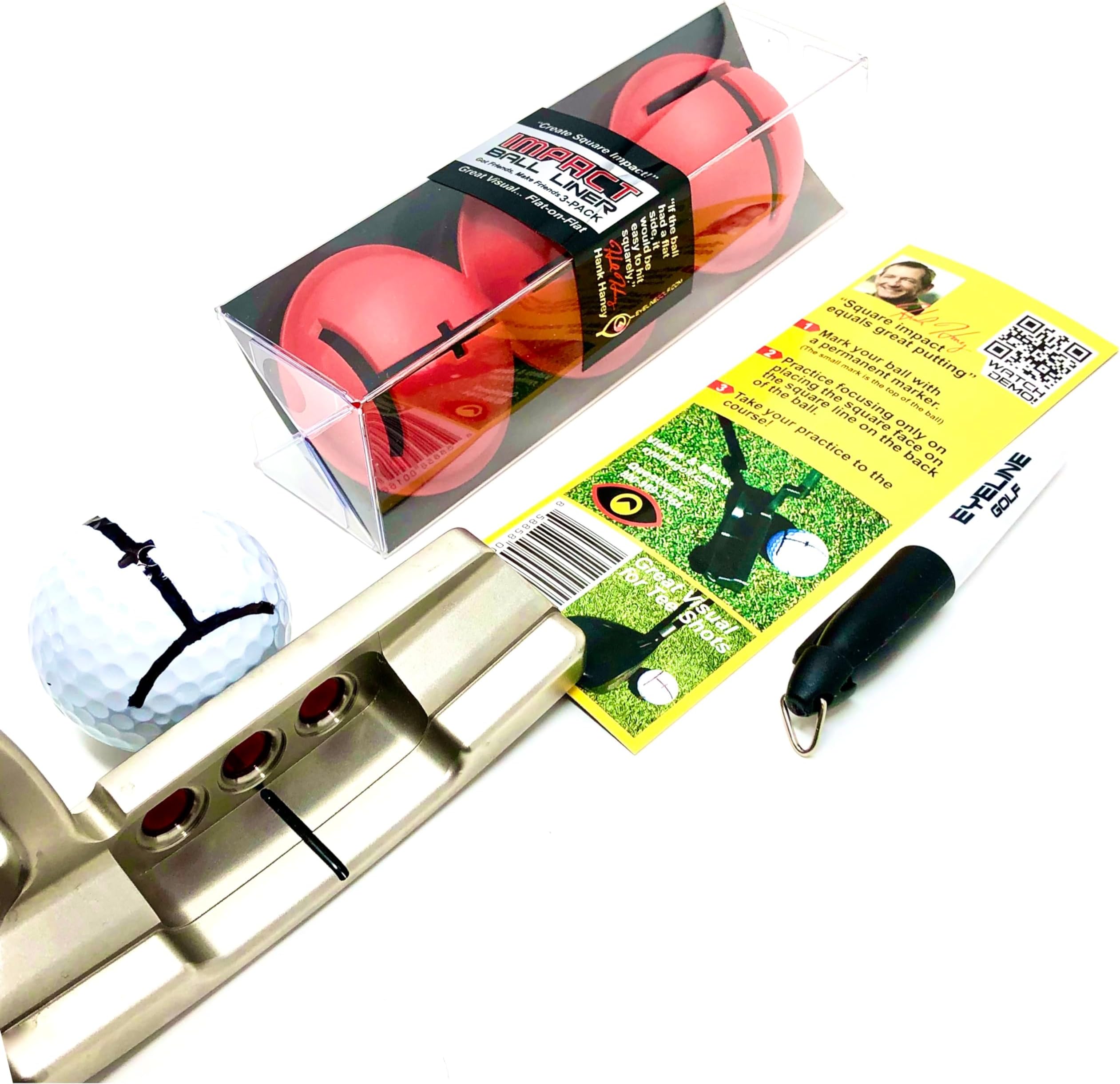 EyeLine Golf Impact Ball Liner - Training Aid Accessories - 3 -Pack Red Alignment Kit Marker Pen by Hank Haney. Align Ball See Putter face Alignment to Target line. Immediate Short putt Improvement