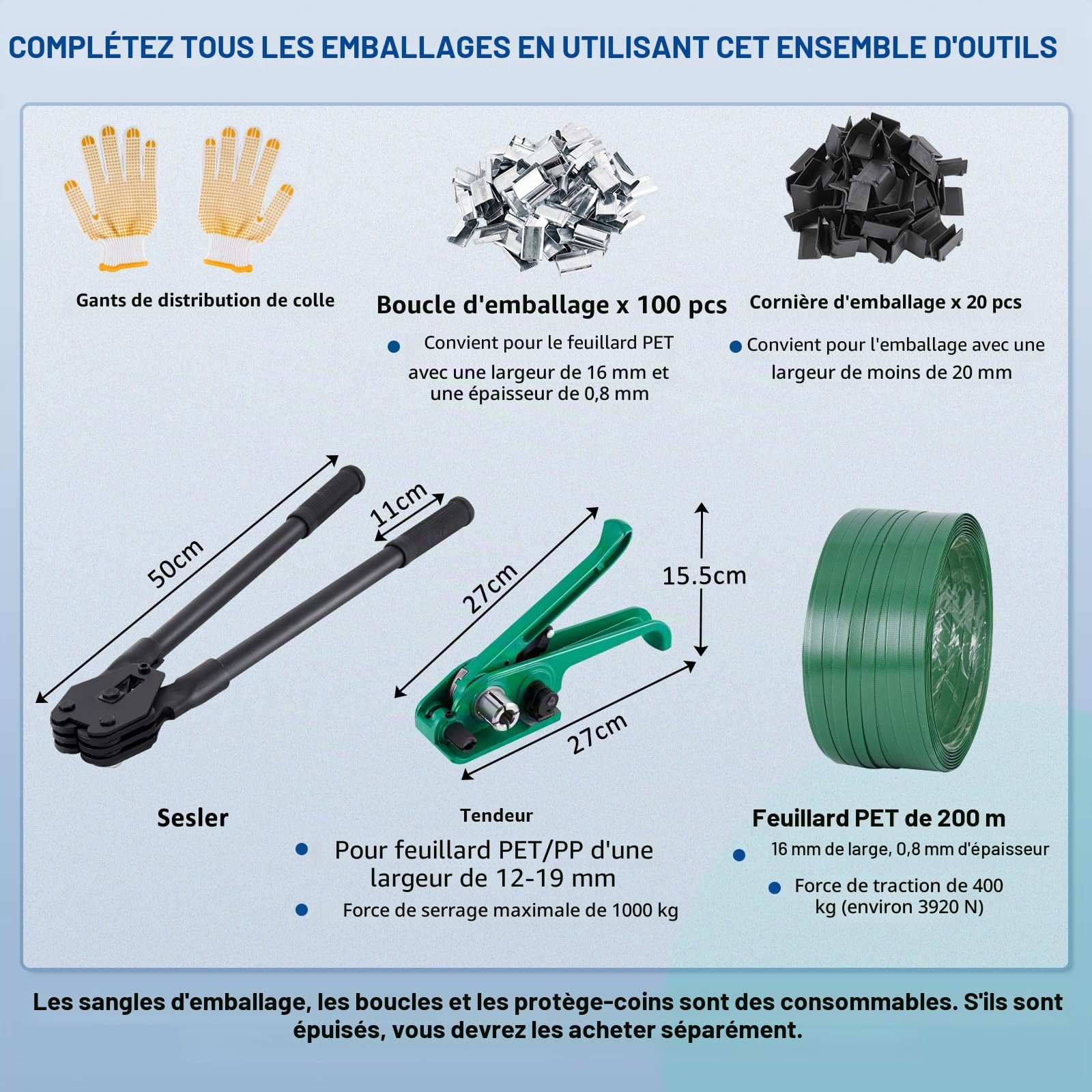 BAOSHISHAN Kit cerclage Manuel Pet, Sangle 200m + Accessoires complets