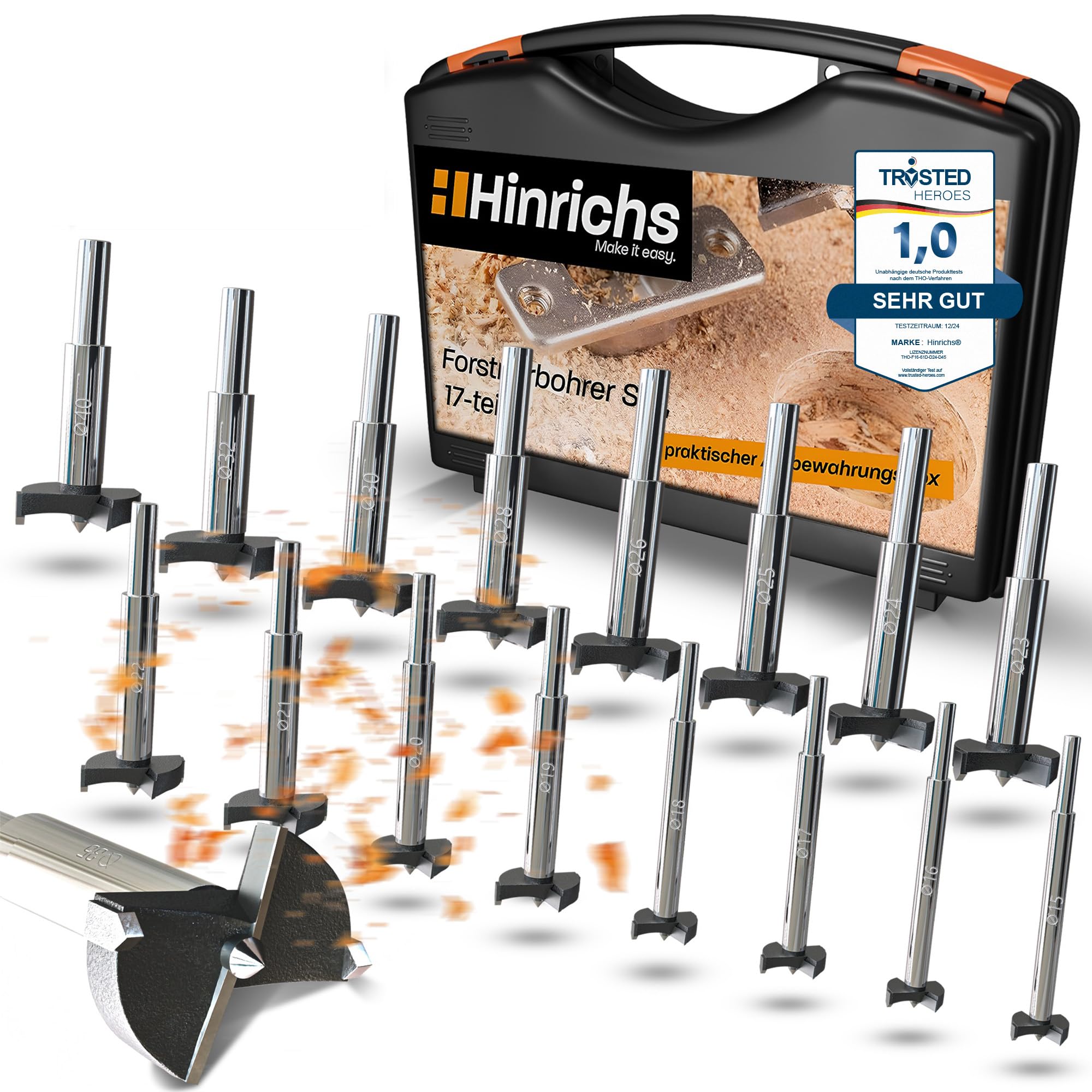 Hinrichs Forstnerbohrer Set 17 teilig im Koffer - Forstnerbohrer-Set 15 bis 40 mm - Holzbohrer - Forstner - Forsterbohrerset Fräslochborer Topfbohrer - Bohrer Holz - Lochfräser Astlochbohrer
